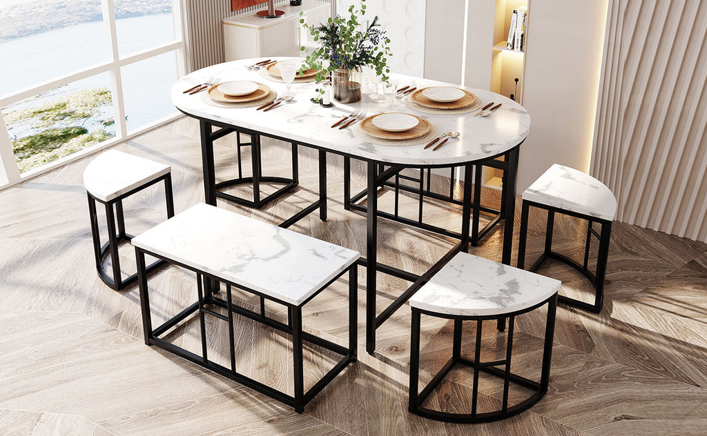 Dining room table set with six chairs, Dining group with white MDF seat cushions and gold-plated iron frames, Modern luxury tables and chairs