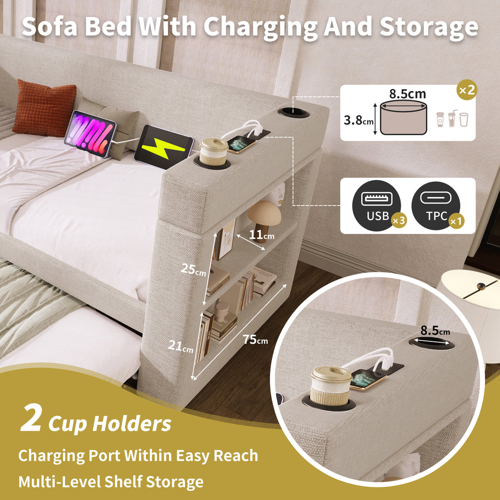 (=TT20148990B) Daybed Upholstered Bed 90 x 190 cm, 3FT Single Sofa Bed with Cup Holders, USB &Type C Charging Station, Pull out Trundle for Living Room and Bedroom, Linen, Beige  (No Mattress)