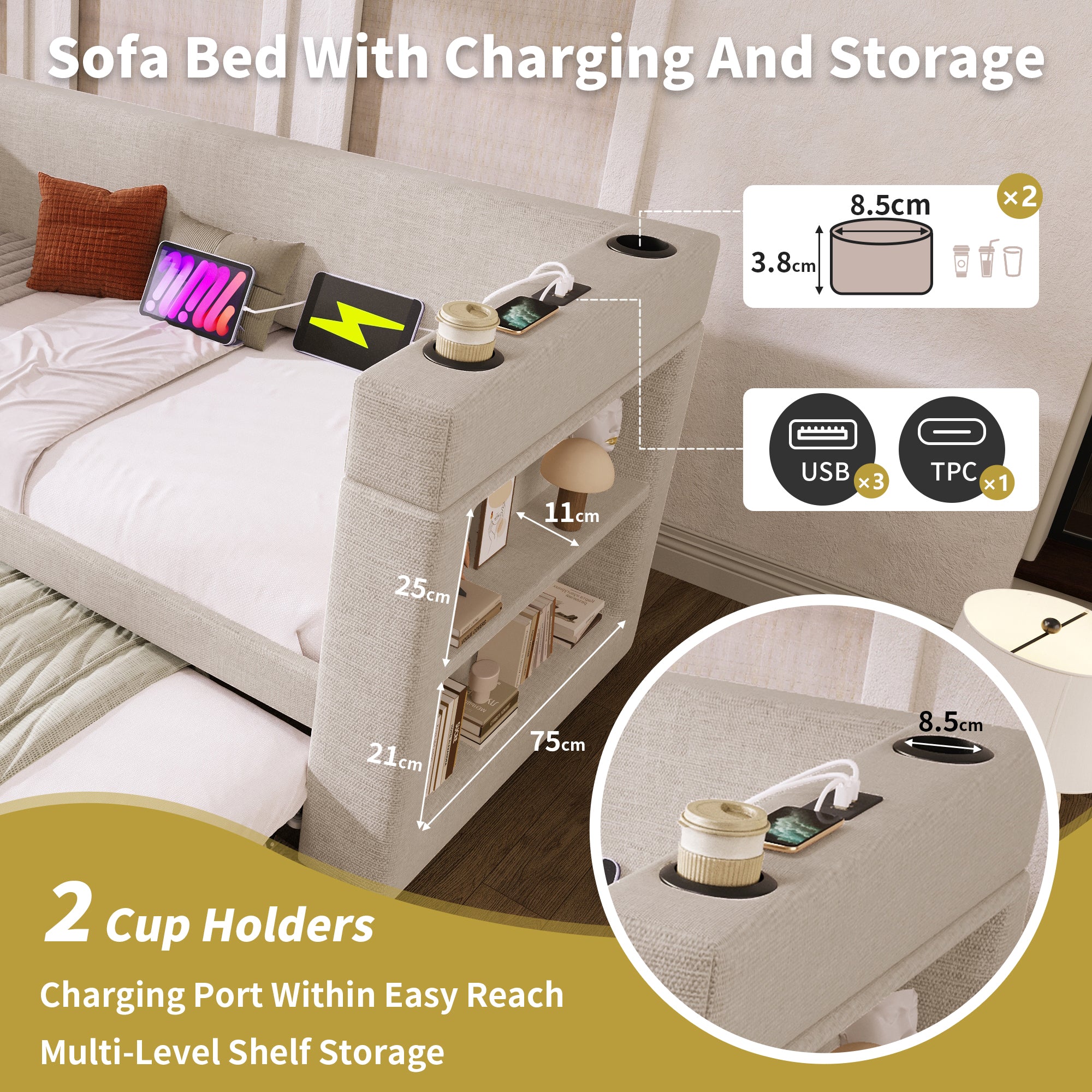 (=TT20148990B) Daybed Upholstered Bed 90 x 190 cm, 3FT Single Sofa Bed with Cup Holders, USB &Type C Charging Station, Pull out Trundle for Living Room and Bedroom, Linen, Beige  (No Mattress)
