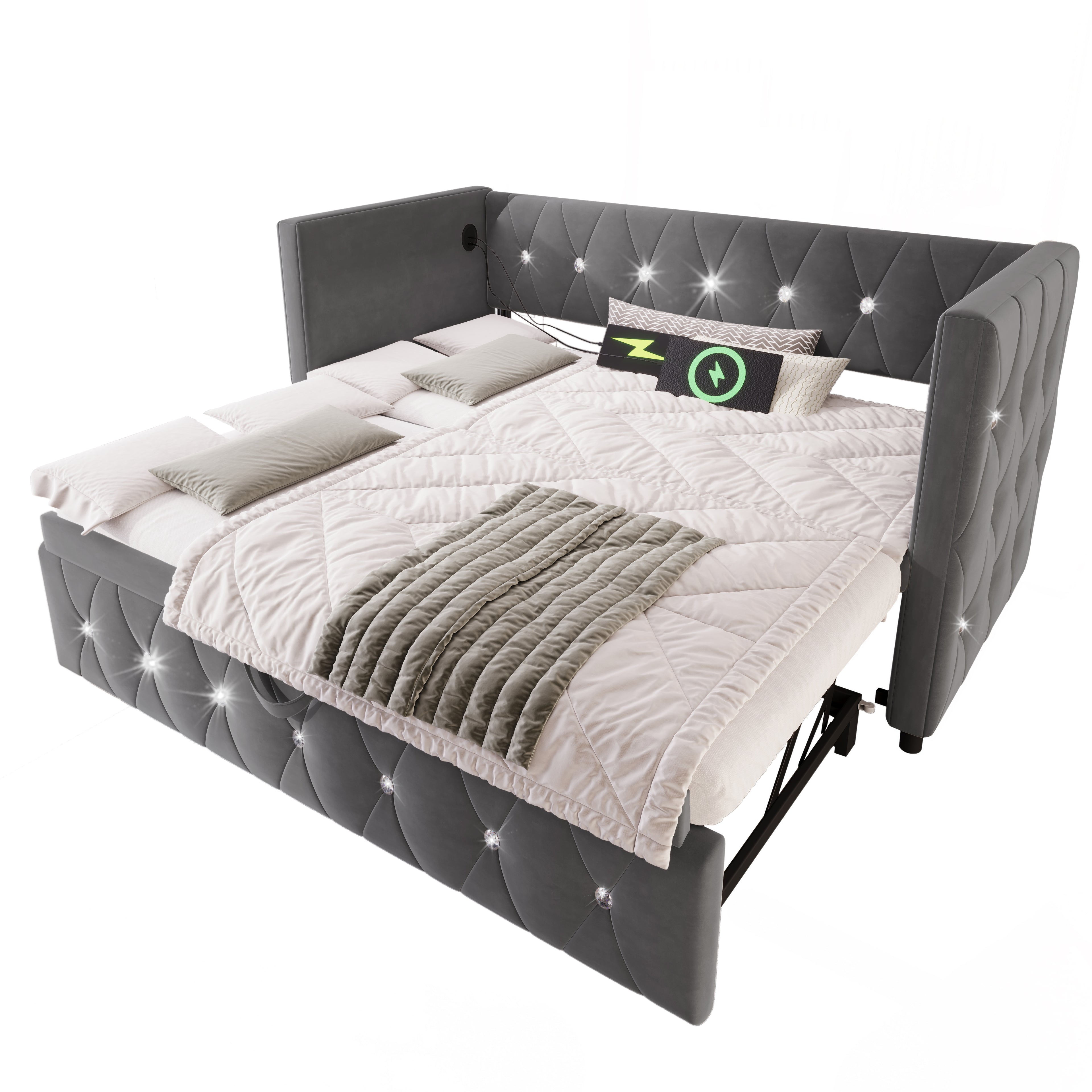 Daybed Single Upholstered Bed Sofa Bed with USB &Type C Charging Station, 3FT Single Bed 90 x 190 cm with Trundle ,Pull out Trundle for Living Room and Bedroom, Velvet ,Grey