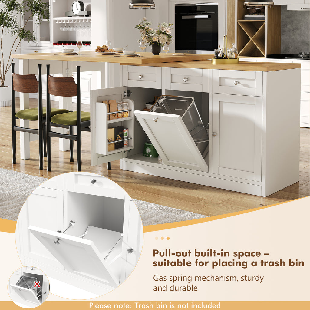 Extendable bar table with storage space, fold-out dining table with drawer and snack tray, pull-out bin holder (bin not included), space-saving design for small flats, kitchens, balconies,
White