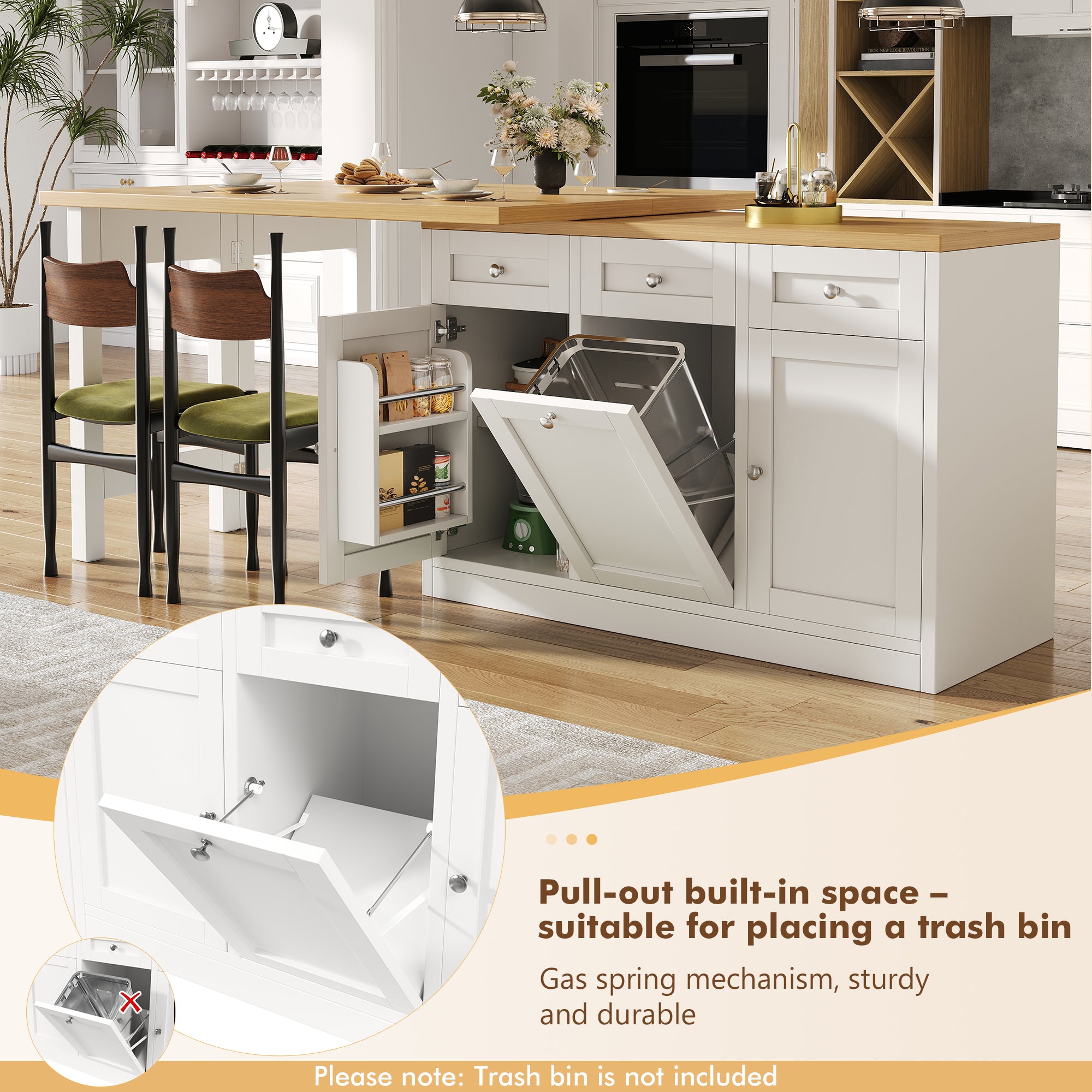 Extendable bar table with storage space, fold-out dining table with drawer and snack tray, pull-out bin holder (bin not included), space-saving design for small flats, kitchens, balconies,
White