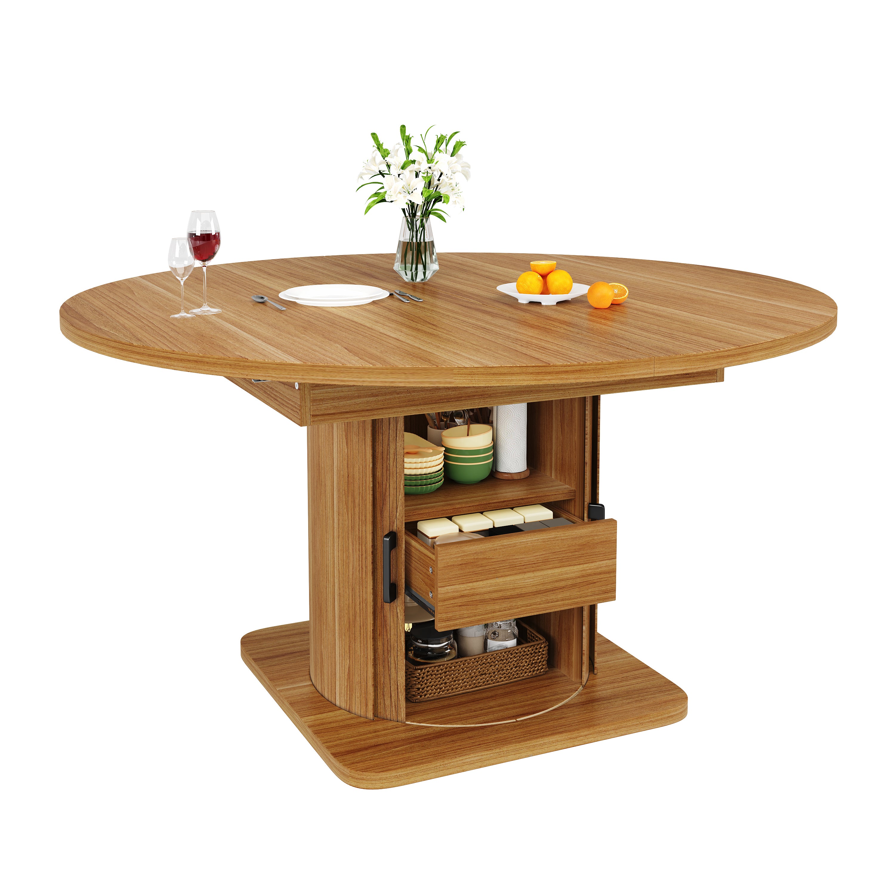 Extendable dining table, dining room table, kitchen table, round dining table, extends to oval, 118-158 cm, seats up to 6 people, dining table with drawers, dark brown