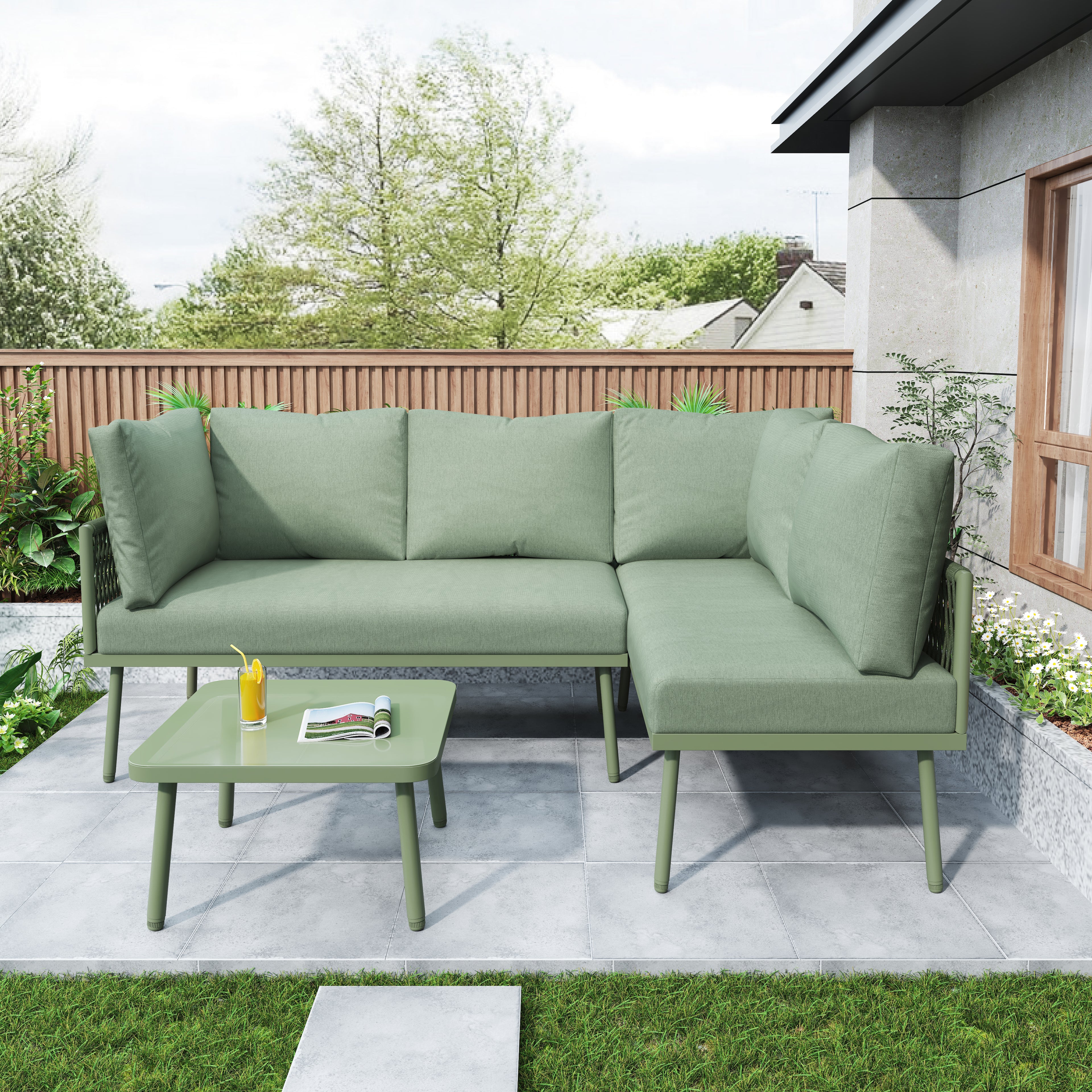 Outdoor Patio&Backyard Furniture Garden Lounge Set for 4-5 people, Thick Quality Space Saving L-Shaped Corner Sofa with Glass Coffee Table, Green