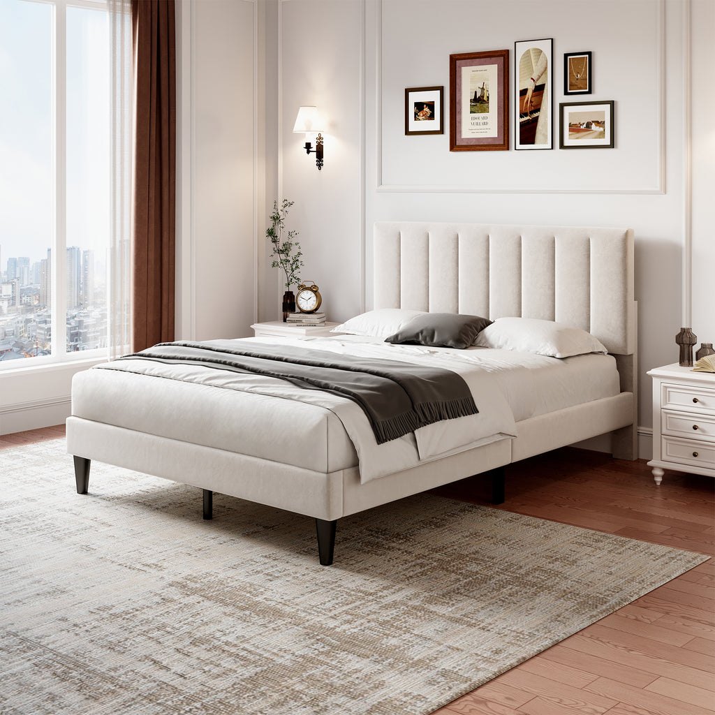 4ft6 Double Upholstered Velvet Bed Frame, with Adjustable Channel Tufted Headboard, Velvet Platform Bed Frame with Solid Wood Slat and Mute Foam, No Box Spring Needed, Easy Assembly, Beige