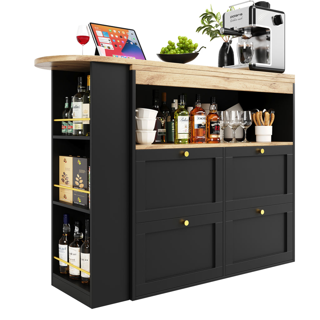 360° Swivelling Bar Table (Main Body 105 x 39 x 102 cm), with 4 Drawers and Open Shelves, Suitable for Dining Room/Study/Living room etc.