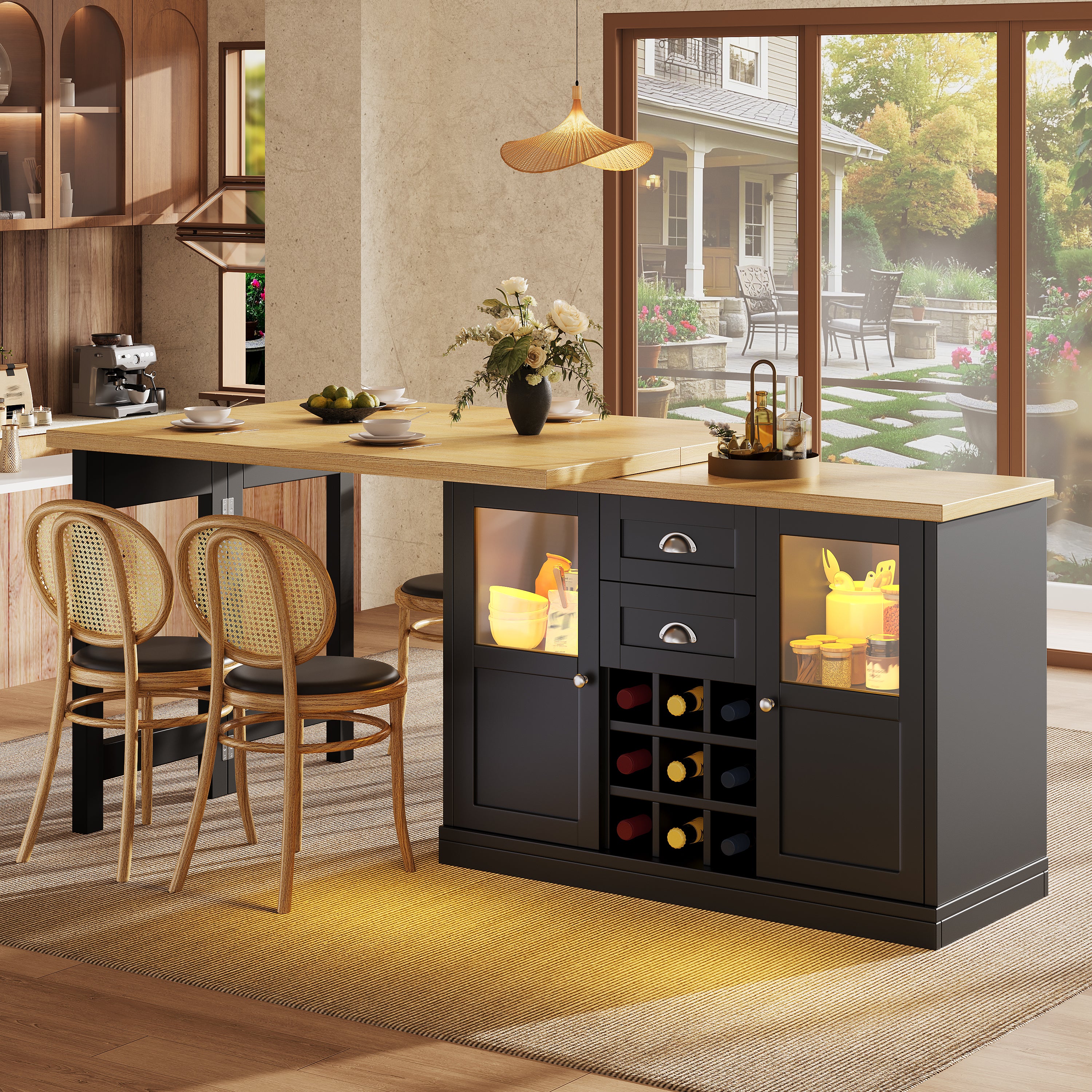 Extendable Sideboard with LED Lights, 120-197cm Adjustable Dining Table with Storage, 2 Drawers & Glass Cabinet doors, White/Black