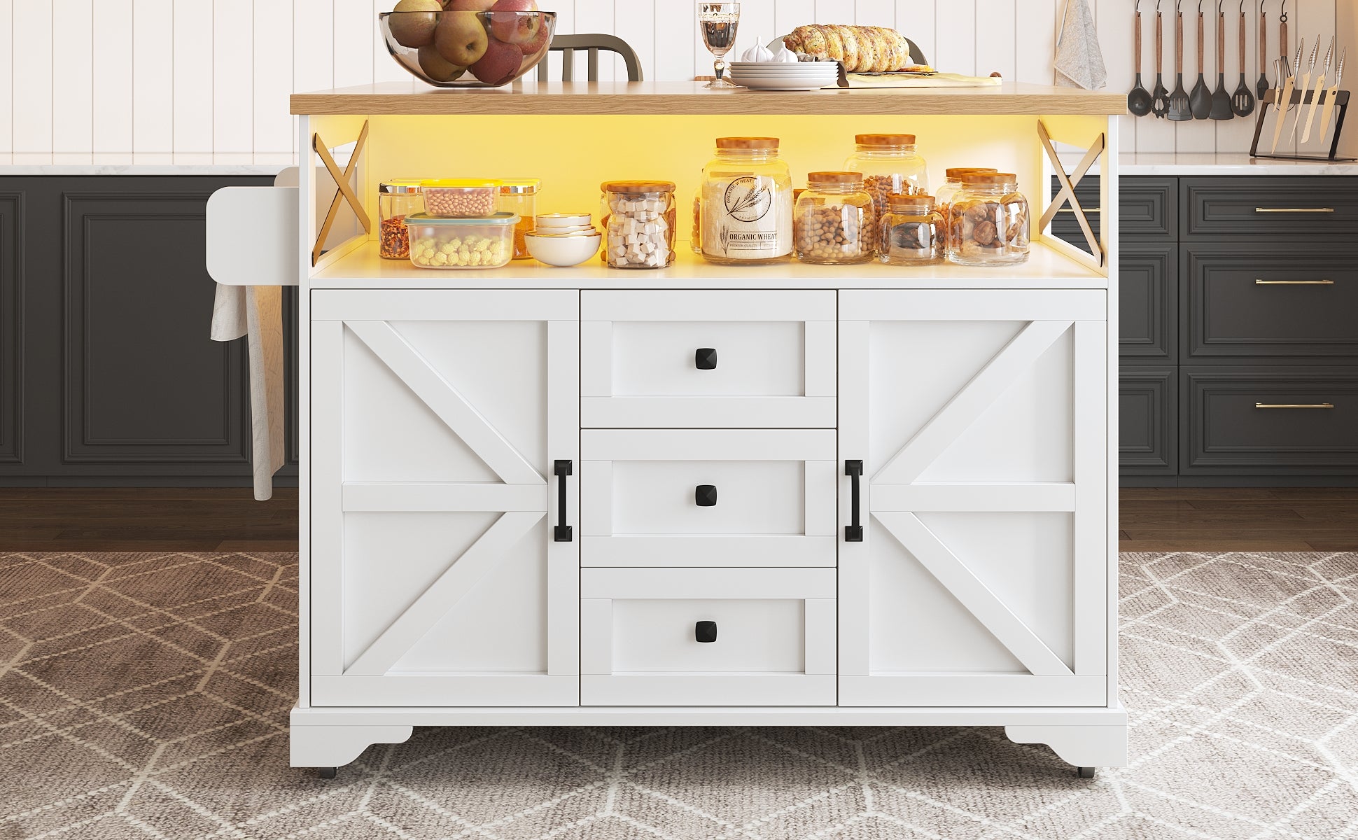 Serving Cart Kitchen Rollable with Drop-Leaf Table & App LED Lighting, Snack Shelves, Multifunctional as Kitchen Island Mobile Bar Side Table, Modern Kitchen Island, Kitchen Cabinet, Dining Table