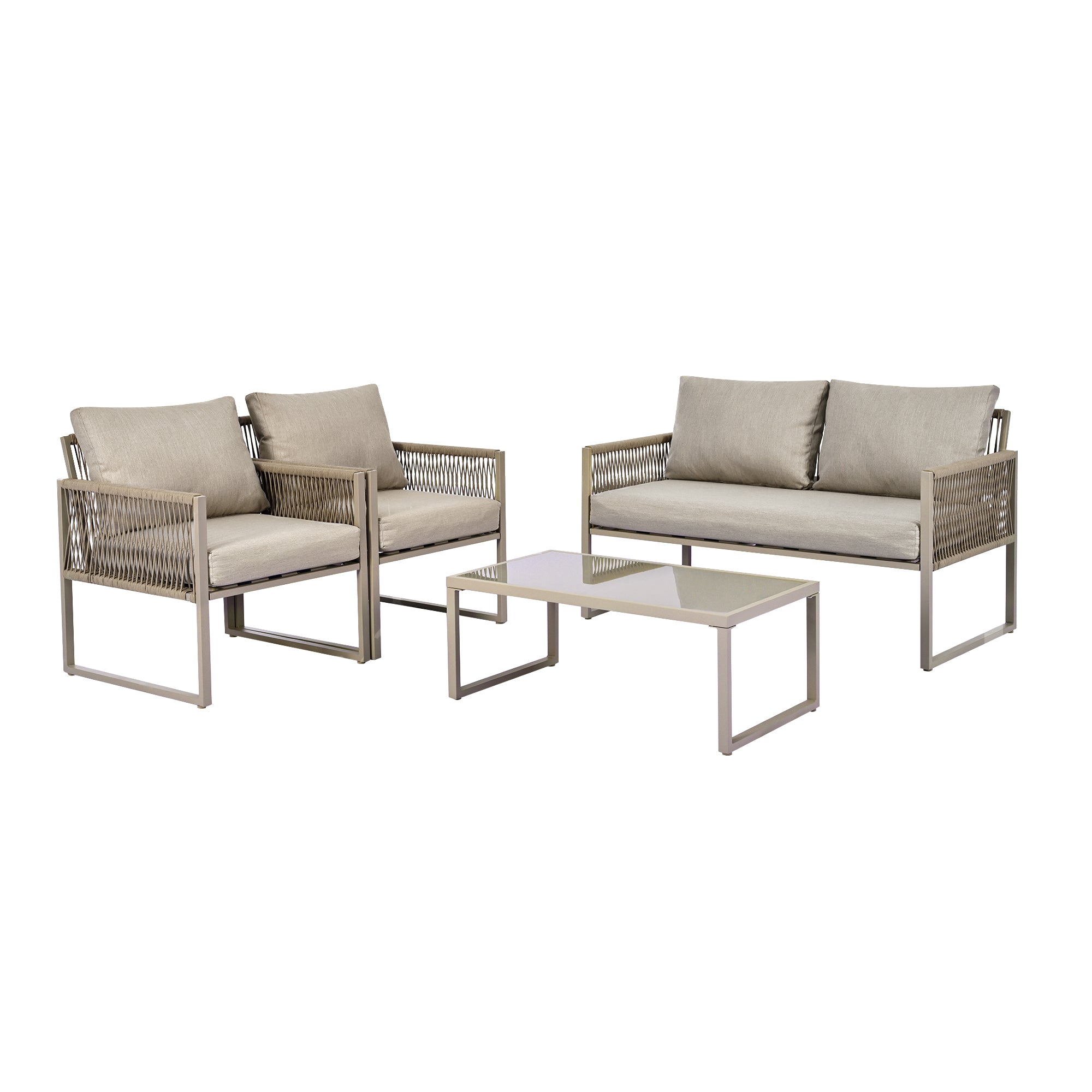 Outdoor Patio&Backyard Furniture Garden Lounge Set for 4 people, Thick Quality Space Saving Sofa with Glass Coffee Table, Khaki