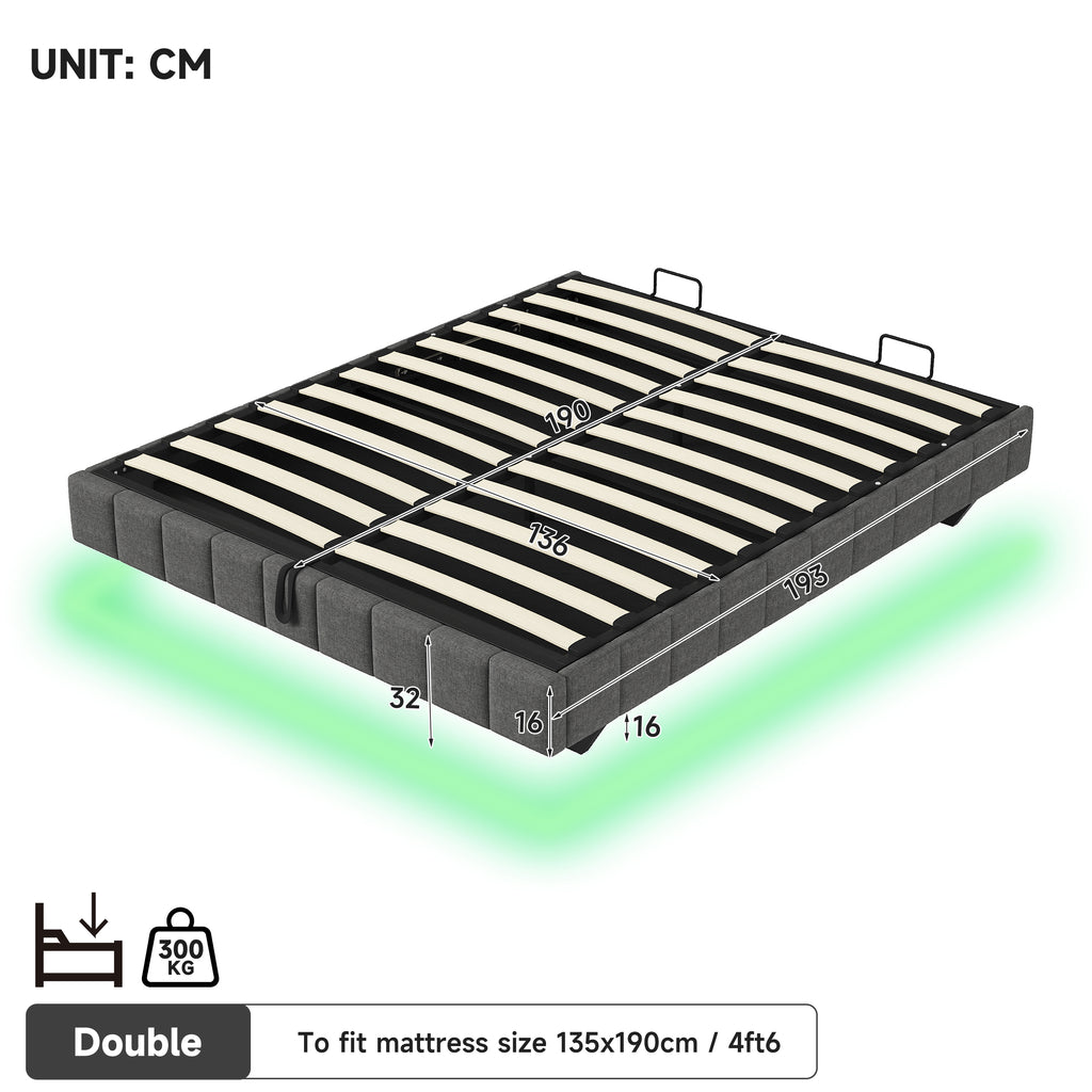 4ft6 Double Floating Bed Frame with Hydraulic Under-bed Storage & Smart RGB LED Lights, No Headboard Upholstered Bed with Concealed Anti-Collision Leg, Linen Fabric, Grey (No Mattress)