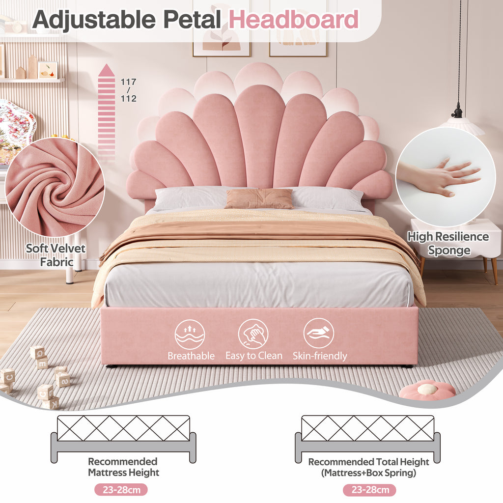 4ft6 Double Upholstered Hydraulic Bed with Adjustable Chic Petal Headboard, Soft Velvet Bed Frame with Hydraulic Storage, Petal Bed with Solid Wood Slat, No Box Spring Needed, Pink (No Mattress)