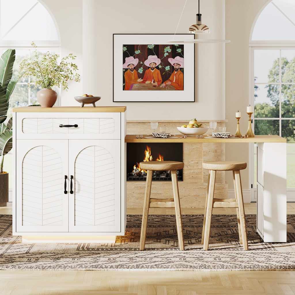 Extendable Kitchen Island with Dining Table, Multifunctional Storage Cabinet with Drawers, Doors, Wine Rack & LED Light, for Kitchen & Dining Room