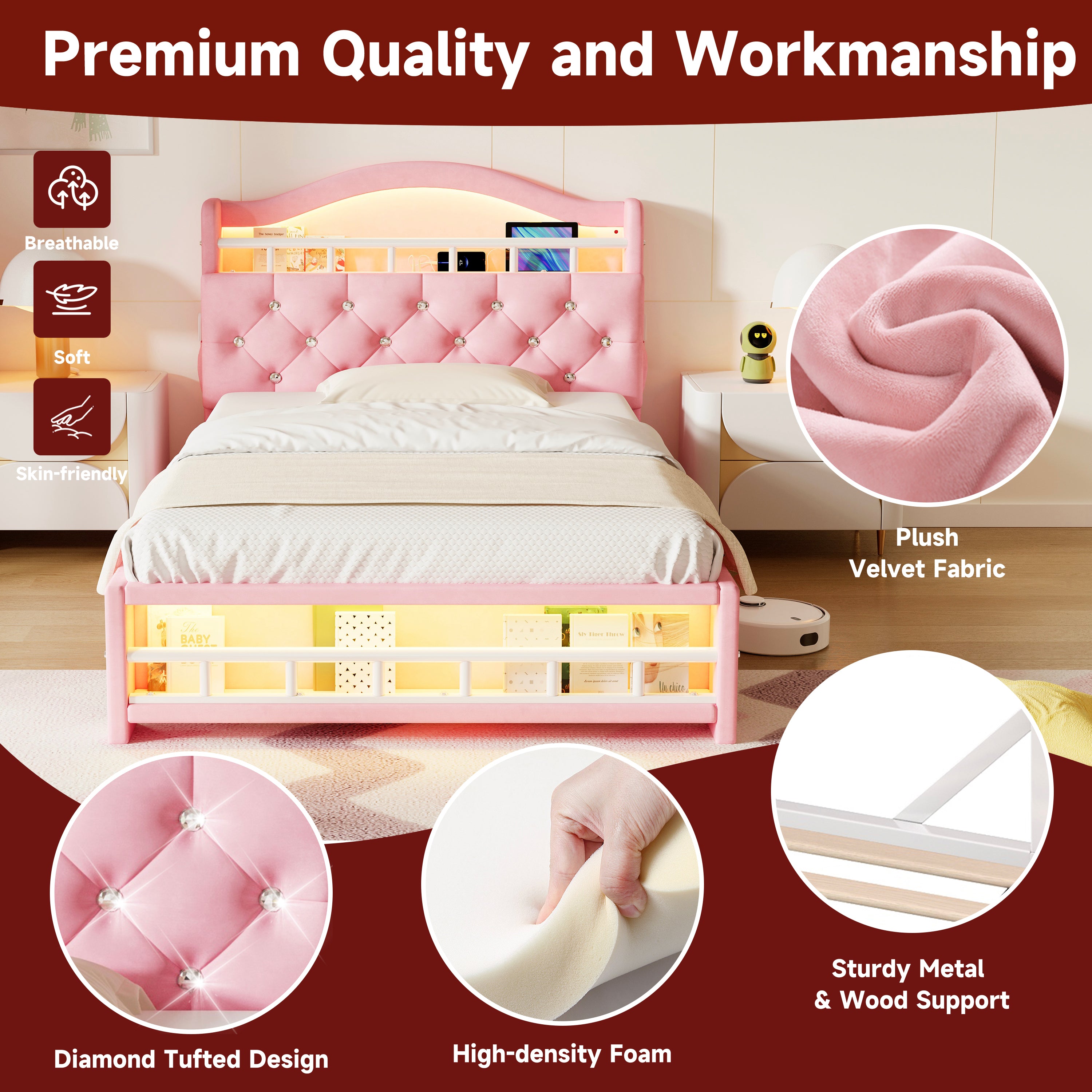 3ft Single Upholstered Velvet Bed Frame, LED Bed Frame with Charging Station & Diamond Tufted Headboard, Concealed Headboard Storage with USB and Type - C Ports, Easy Assembly, Pink (No Mattress)