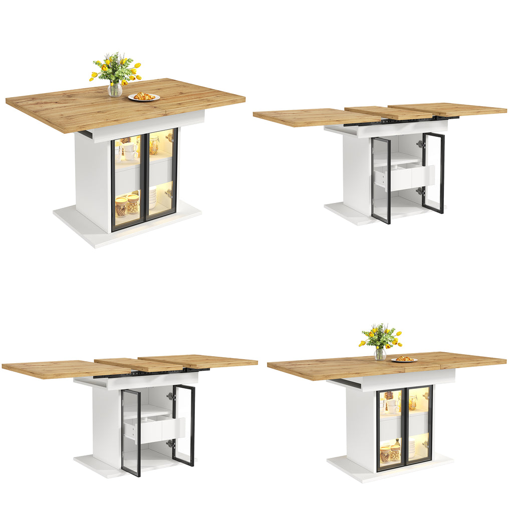 Extendable dining table with storage space & RGB LED lighting, 110–140cm, glass sliding doors & concealed push handles, white/black