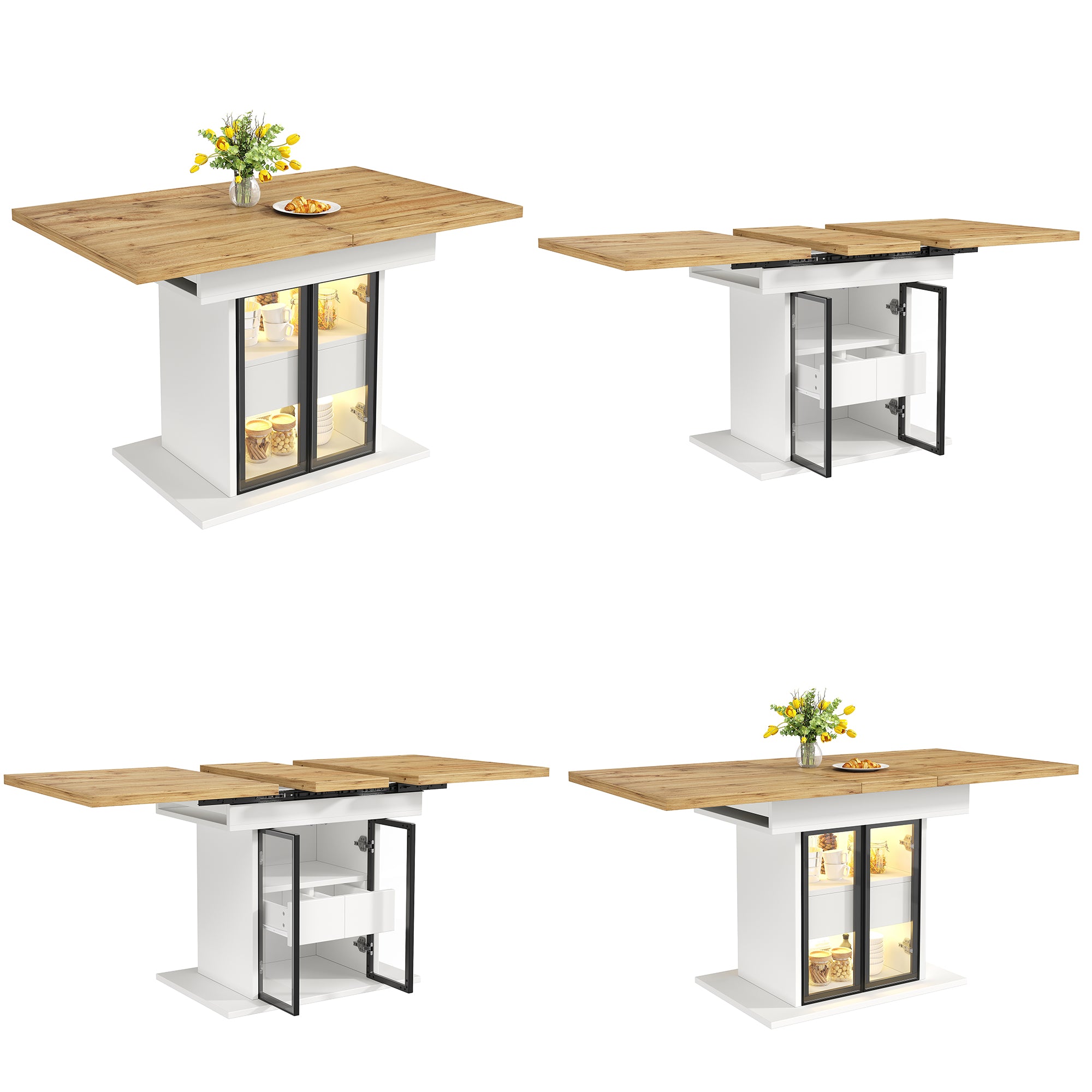 Extendable dining table with storage space & RGB LED lighting, 110–140cm, glass sliding doors & concealed push handles, white/black