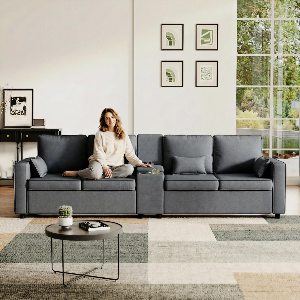 4-Seater Modern Sofa with Storage Console, Minimalist Style Couch with Side Pockets, Cup Holders and Charging Ports (USB & Type-C), for Living Room, Apartment, Office,Grey, Linen Fabric