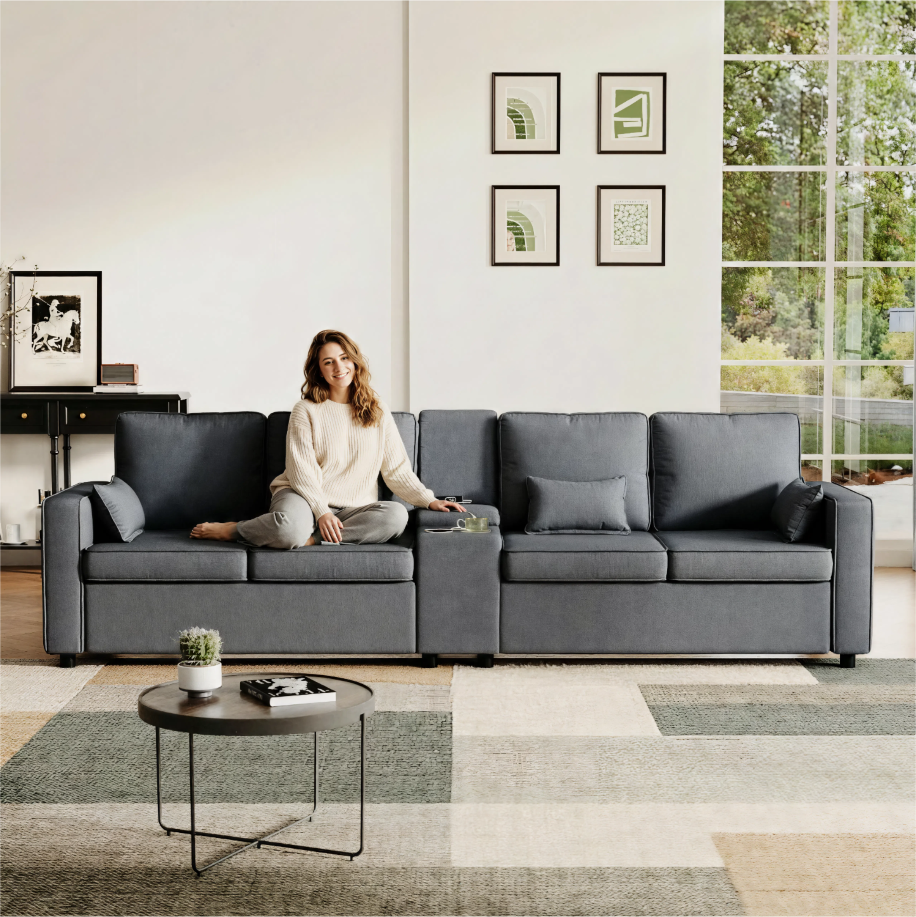 4-Seater Modern Sofa with Storage Console, Minimalist Style Couch with Side Pockets, Cup Holders and Charging Ports (USB & Type-C), for Living Room, Apartment, Office,Grey, Linen Fabric