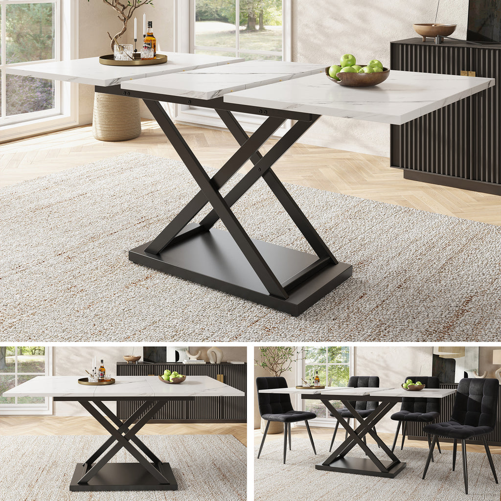 Telescopic dining table (120-160×80 cm), extendable dining table, space-saving kitchen table, black crossed iron legs, for kitchen and living room, white marble dining table
