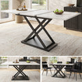 Telescopic dining table (120-160×80 cm), extendable dining table, space-saving kitchen table, black crossed iron legs, for kitchen and living room, white marble dining table