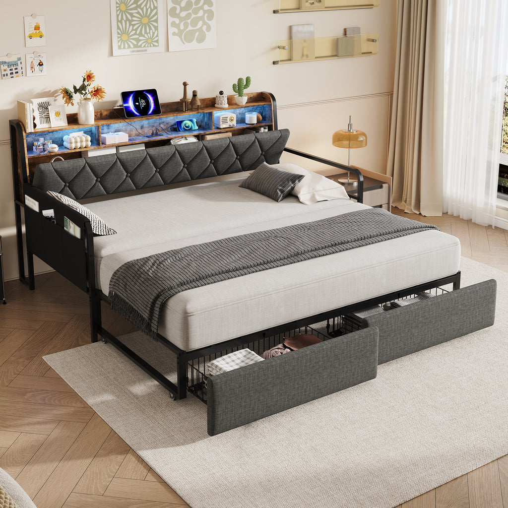 3ft Single Daybed with Pull-out Trundle and Storage Drawer, Walnut Wood Sofa Bed with LED Lighting and Charging Station, Concealed Headboard Storage, Reversible Side Pocket, Linen, Grey (No Mattress)