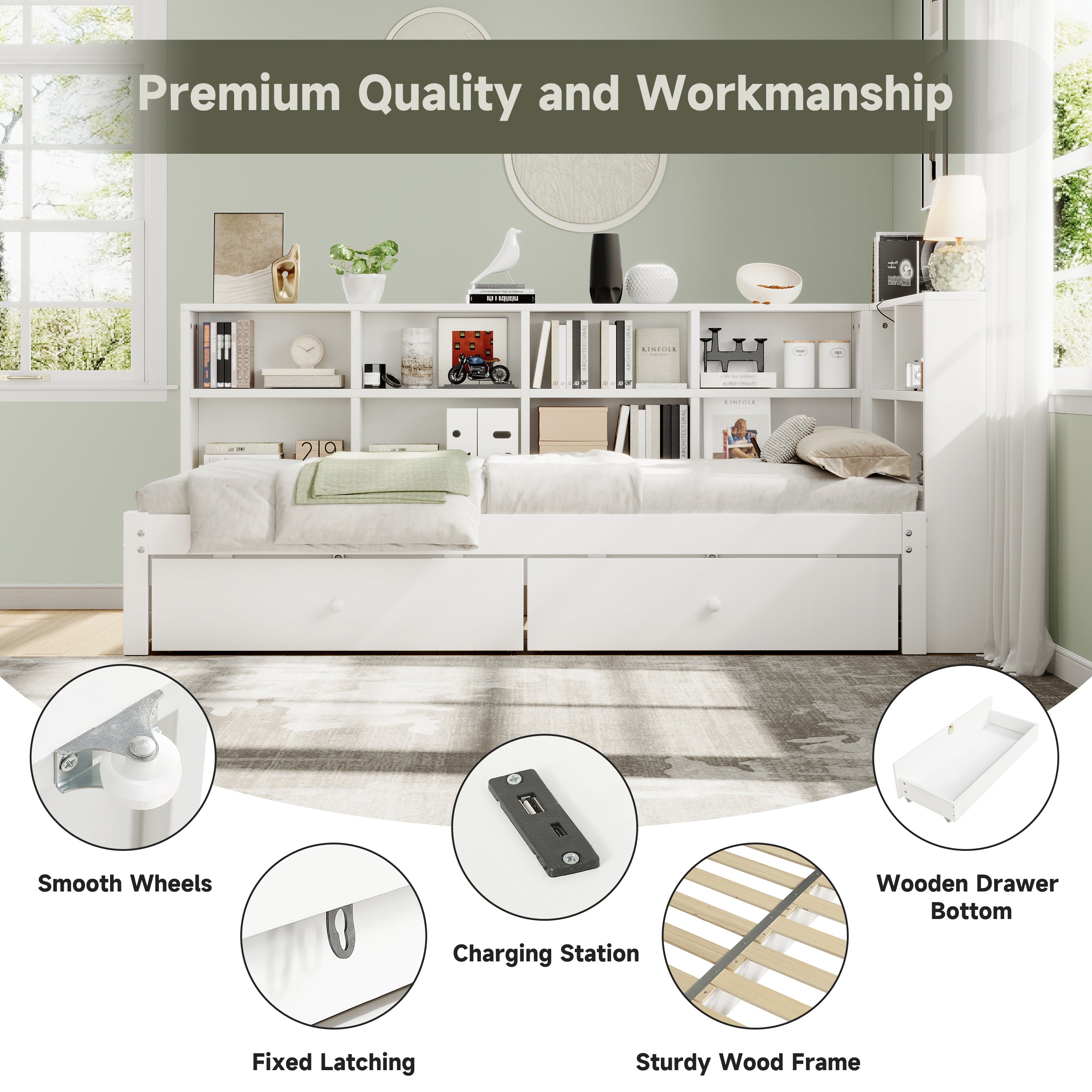 3ft Single Daybed with Two Storage Drawers and Beside Storage, Modern Pull-out Trundle Bed with Charging Station, Wood Bed for Living Room/ Bedroom/ Study Room, 90X190cm, White (No Mattress)
