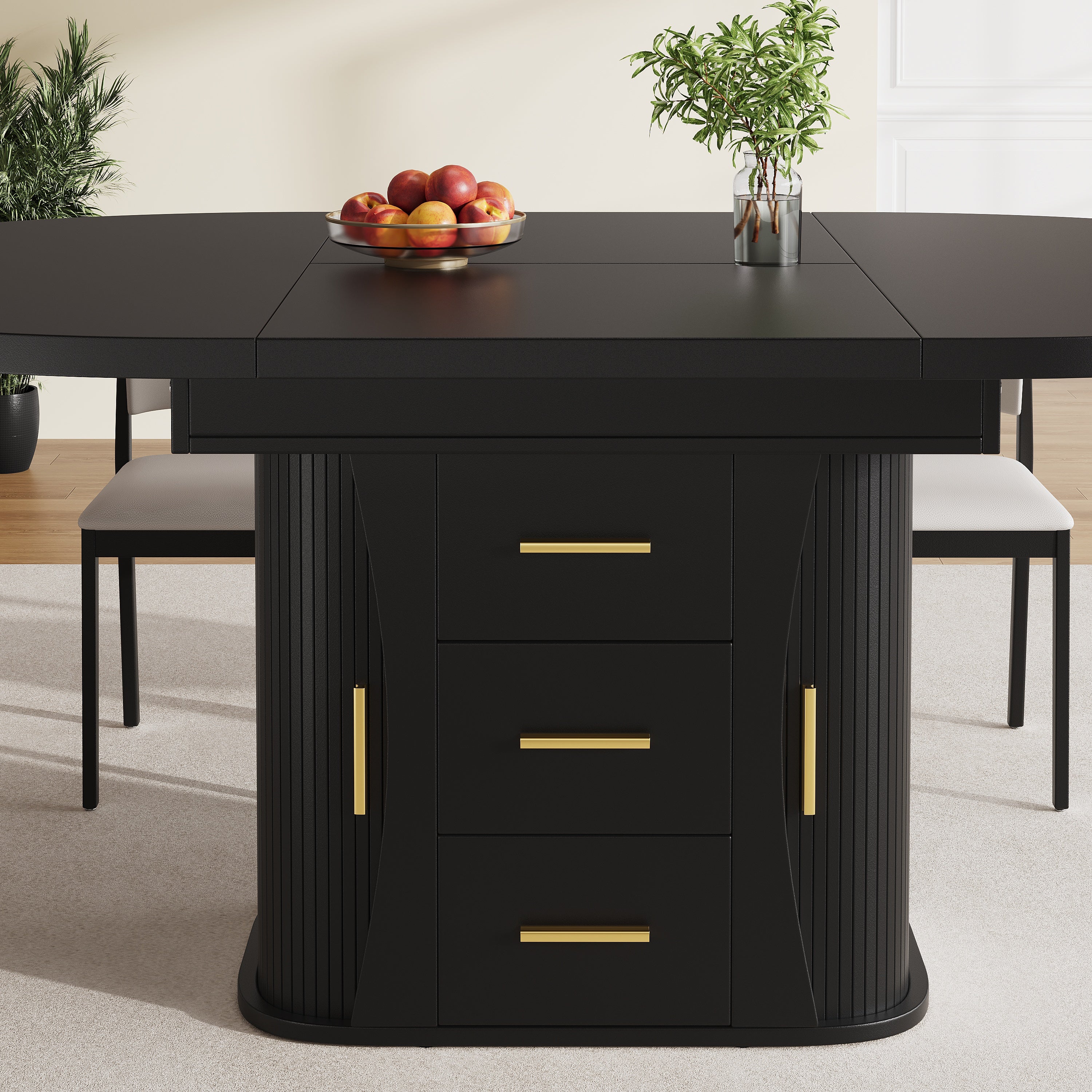 Extendable dining table, dining room table, kitchen table, round dining table, extends to oval, 118-158 cm, seats up to 6 people, three-tier storage, black