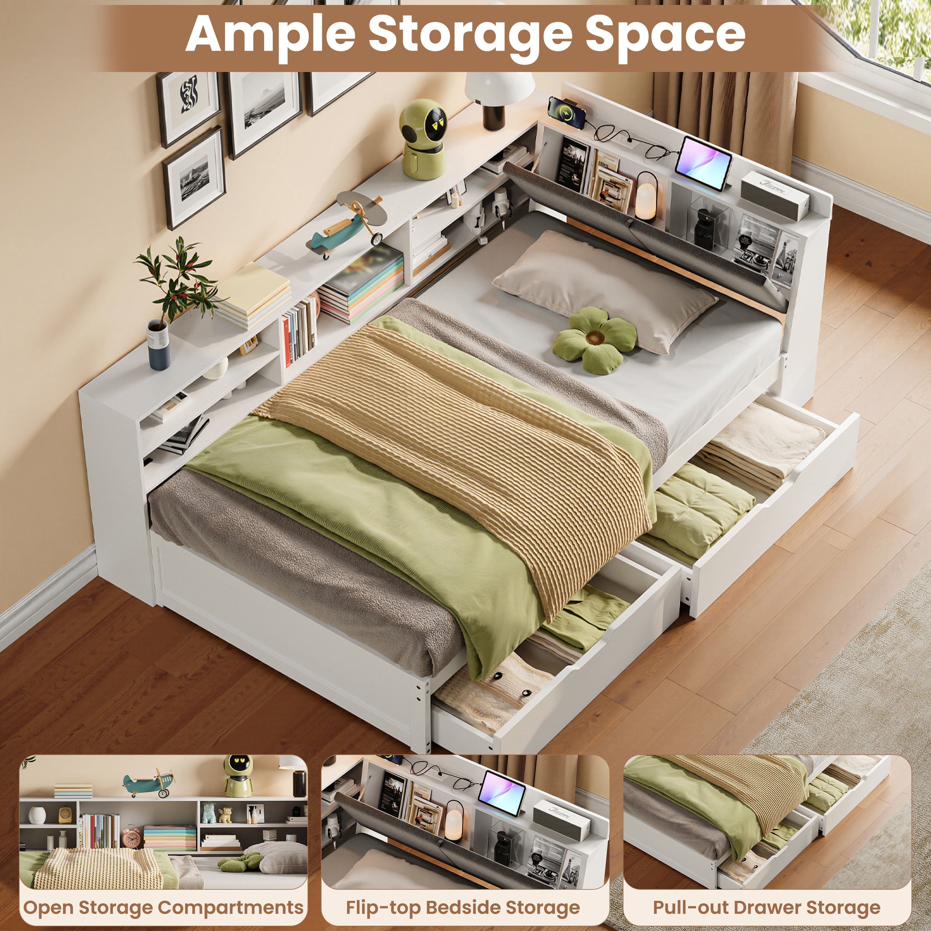 3ft Single L-Shape Daybed with Two Storage Drawers and Bookcase Storage, Linen Concealed Headboard Storage with Charging Station, Wood Bed for Living Room/ Bedroom/ Study Room, White (No Mattress)