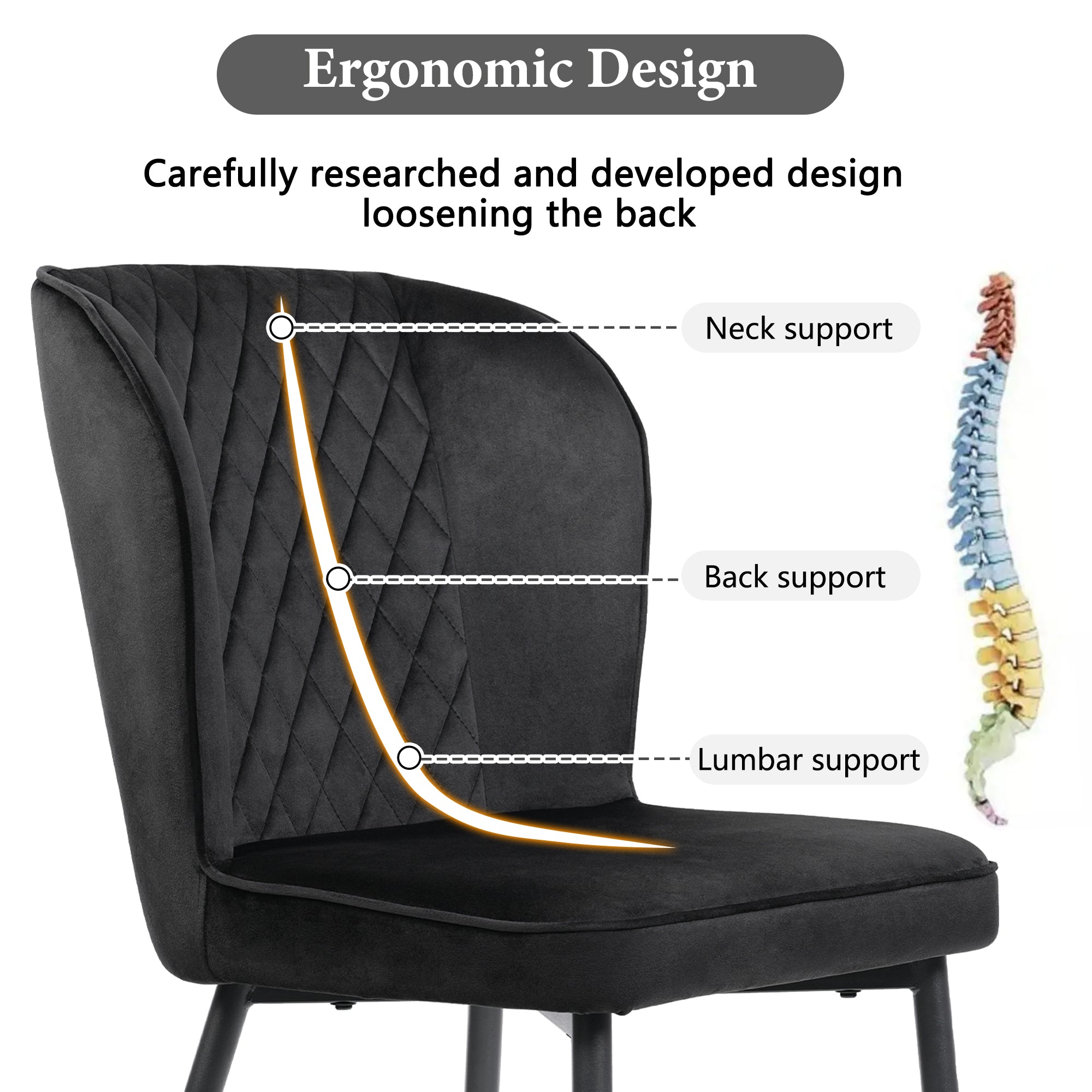 Velvet  dining chair (2 pcs), black, Modern Vanity Chair Kitchen Accent Occasional Chair with Metal Legs for Dining Room Living Room,upholstered chair  with backrest,seat in velvet metal frame