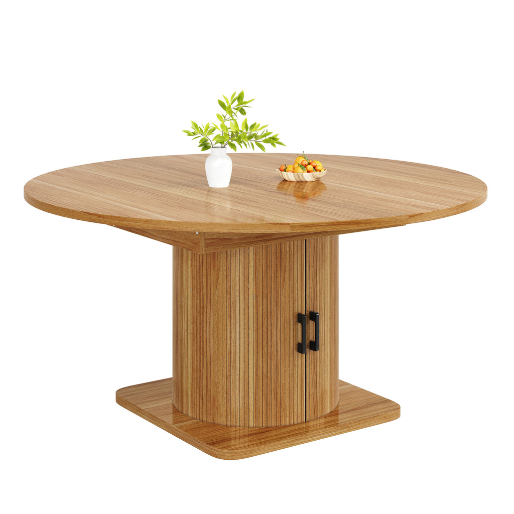 Extendable dining table with storage, multifunctional folding table with wine rack, space-saving kitchen table for small rooms and dining rooms, MDF tabletop, natural brown