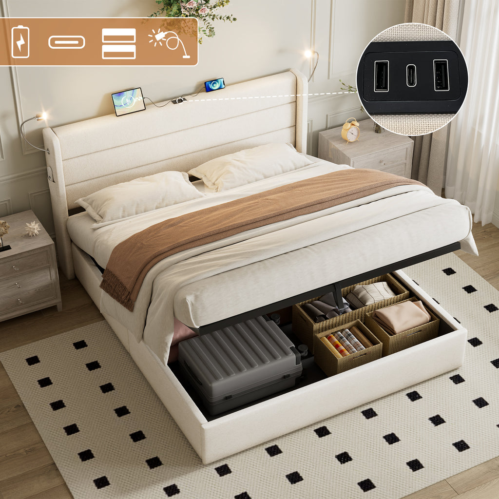 Double Upholstered Bed with Charging Station, Linen Hydraulic Storage Bed with Adjustable LED Reading Light, 4ft6 Double Bed Frame with USB and Type - C Ports, No Box Spring Needed, Beige(No Mattress)