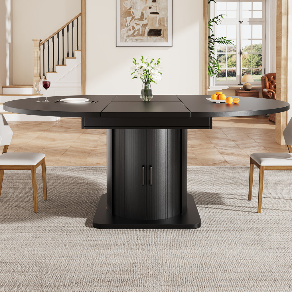 Extendable dining table, dining room table, kitchen table, round dining table, extends to oval, 118-158 cm, seats up to 6 people, dining table with drawers, black