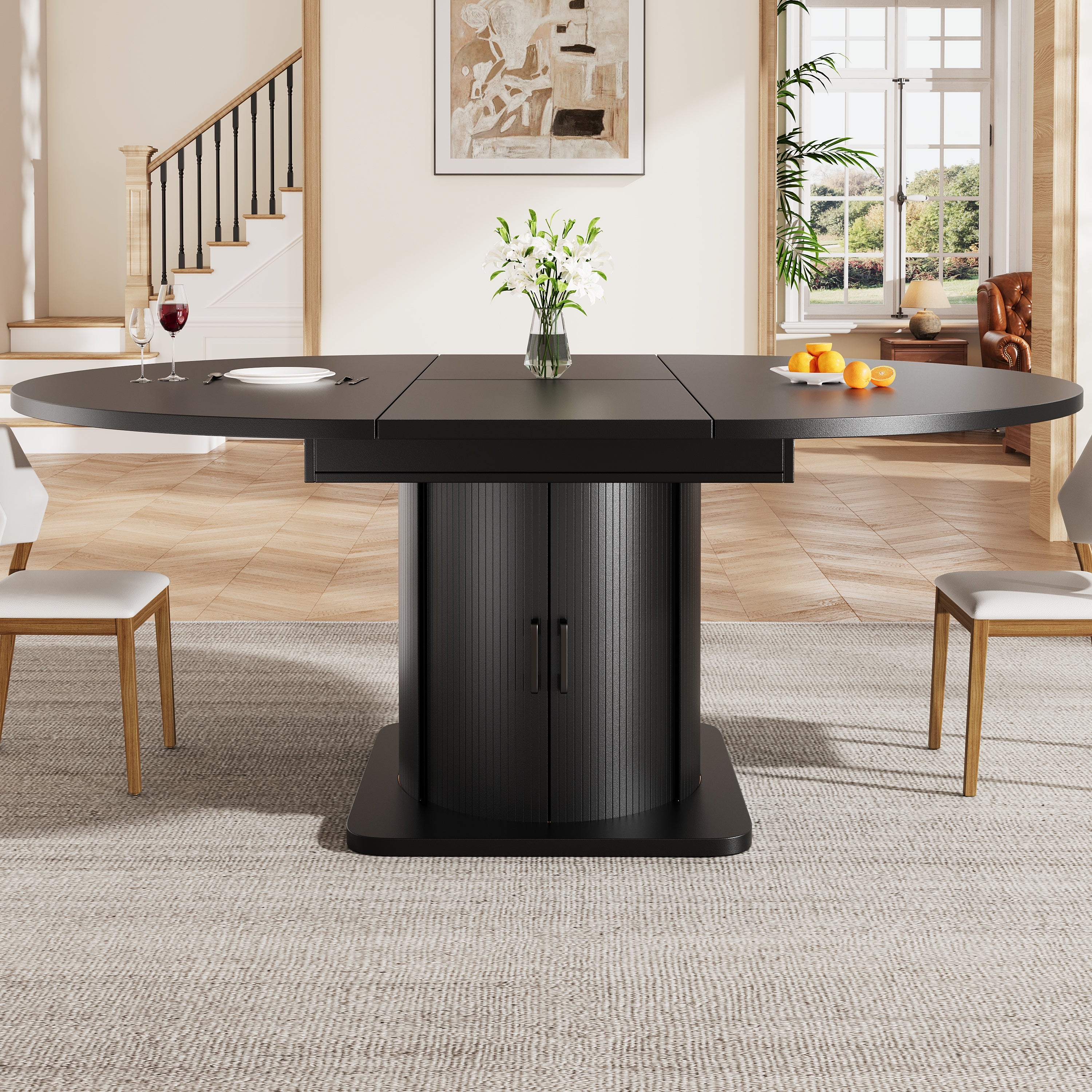 Extendable dining table, dining room table, kitchen table, round dining table, extends to oval, 118-158 cm, seats up to 6 people, dining table with drawers, black
