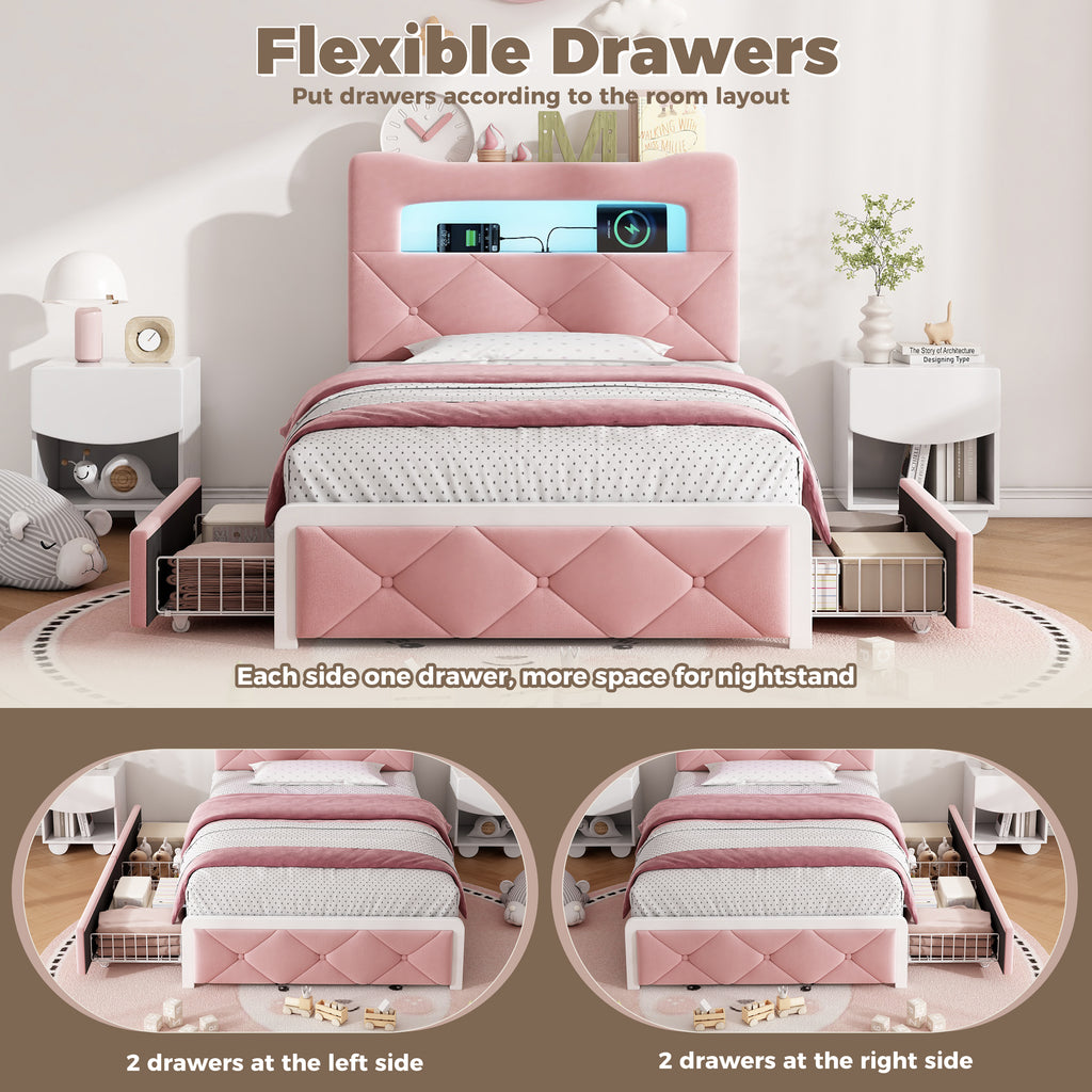 3ft Single Upholstered Bed with LED Button Tufted Bedside Storage Headboard, Velvet Bed Frame with 2 Storage Drawers, USB and Type - C Ports, No Box Spring Needed, Easy Assembly, Pink (No Mattress)