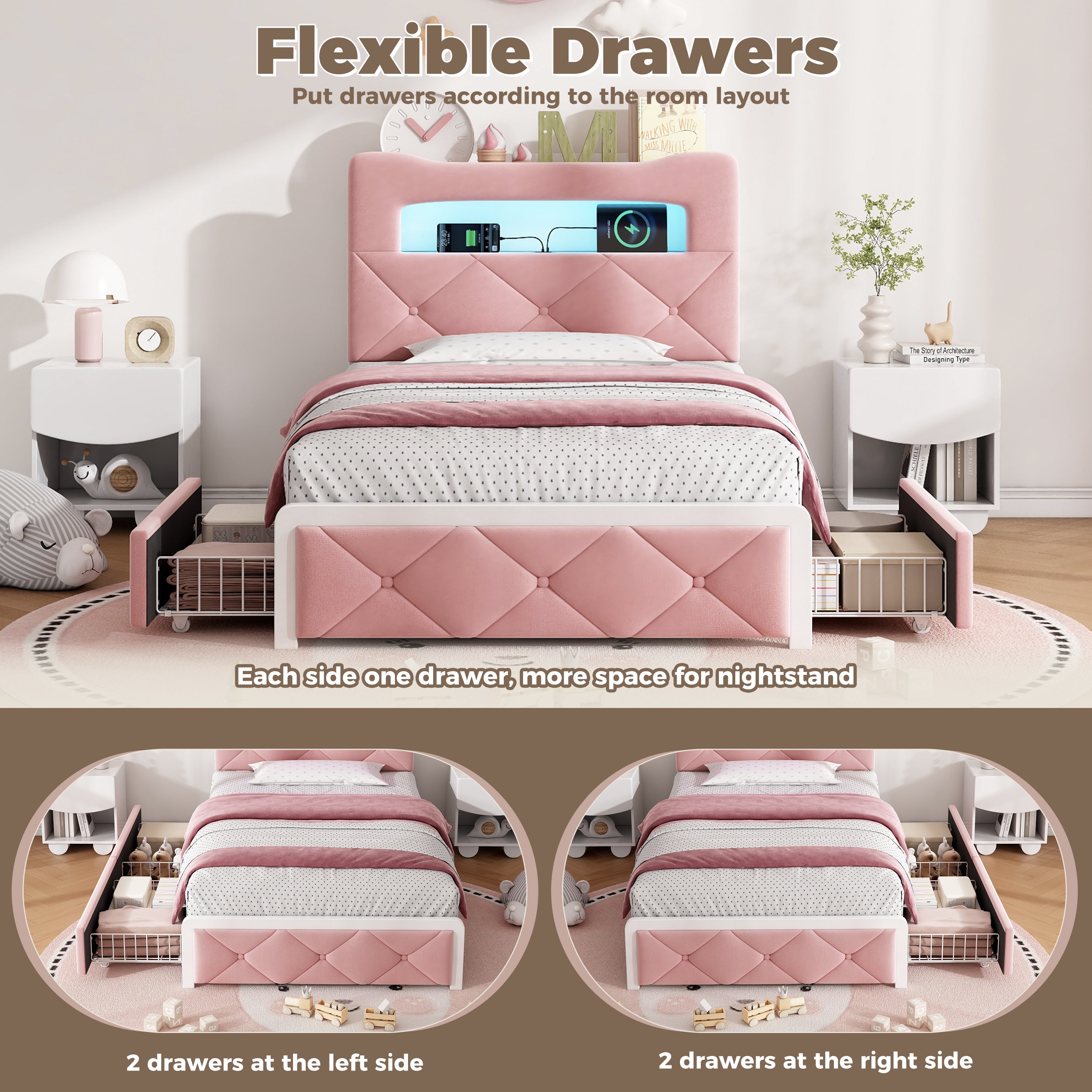 3ft Single Upholstered Bed with LED Button Tufted Bedside Storage Headboard, Velvet Bed Frame with 2 Storage Drawers, USB and Type - C Ports, No Box Spring Needed, Easy Assembly, Pink (No Mattress)