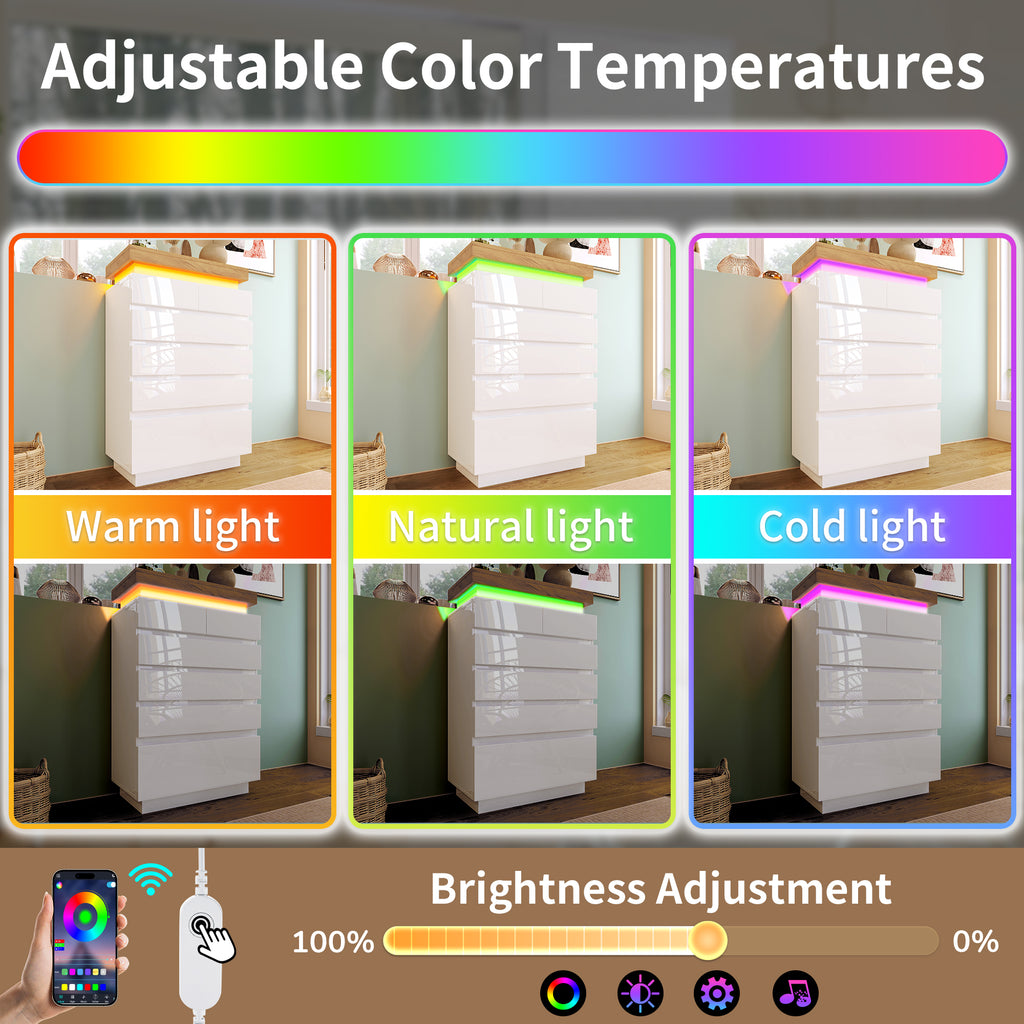 Chest of Drawers,High-gloss Sideboard Cabinet with 6 Drawers,Storage with RGB LED(App-controlled),Multi-purpose Cabinet for Living Room and Bedroom, 115 x 73 x 39 cm, White