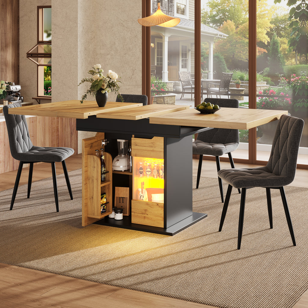 Telescopic dining table (110-140×80cm), foldable kitchen table for 4-6 people, extendable dining table, space-saving kitchen table, table with LED lighting and snack shelf, cabinet doors