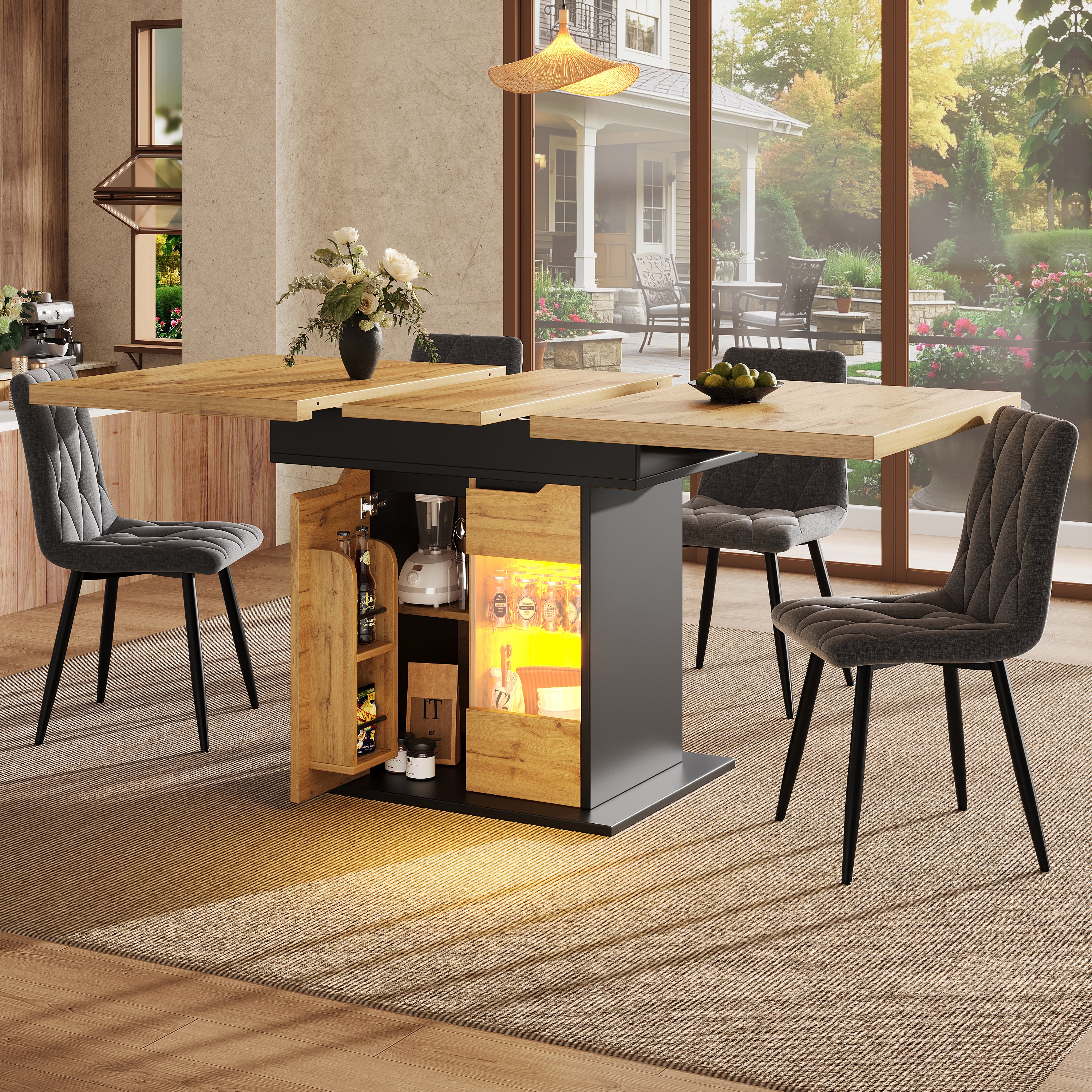 Telescopic dining table (110-140×80cm), foldable kitchen table for 4-6 people, extendable dining table, space-saving kitchen table, table with LED lighting and snack shelf, cabinet doors