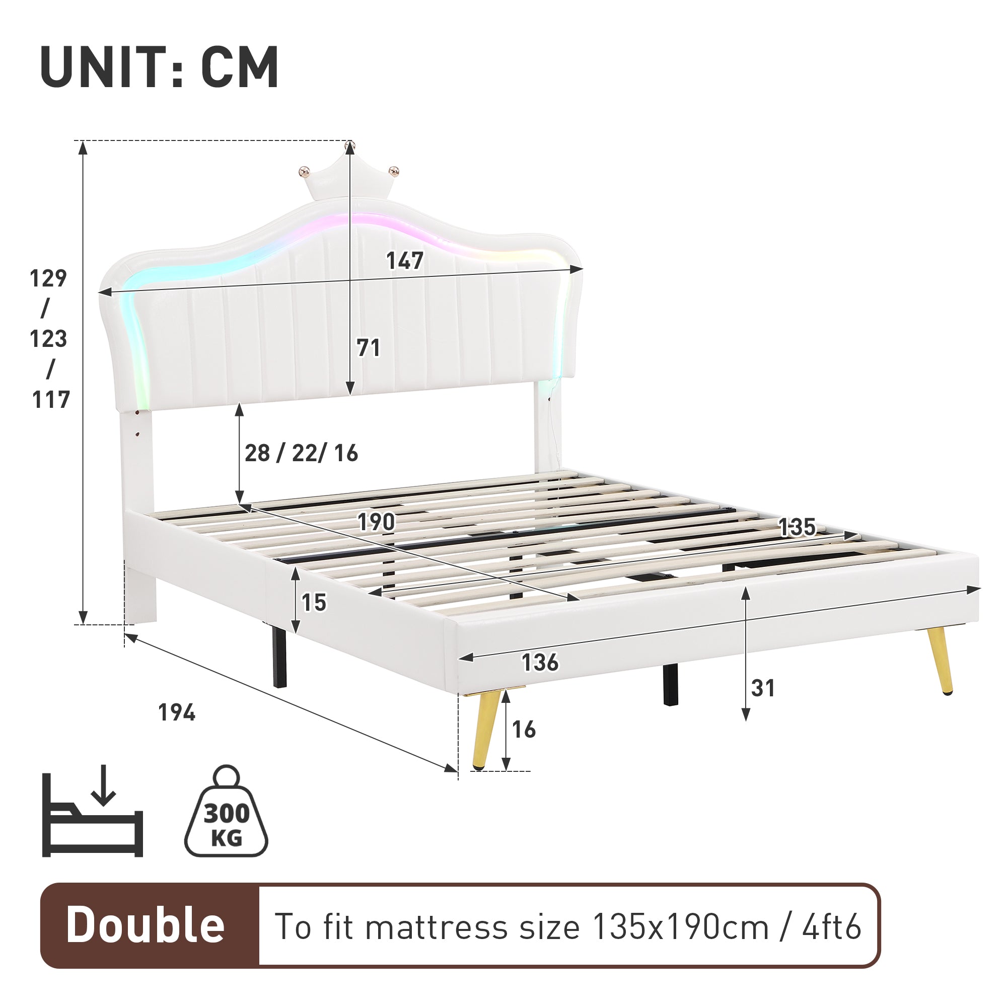 4ft6 Double Upholstered Bed with LED Adjustable Crown Shape Headboard, PU Leather Bed Frame with Solid Wood Slat, No Box Spring Needed, Easy Assembly, Cream White (No Mattress)