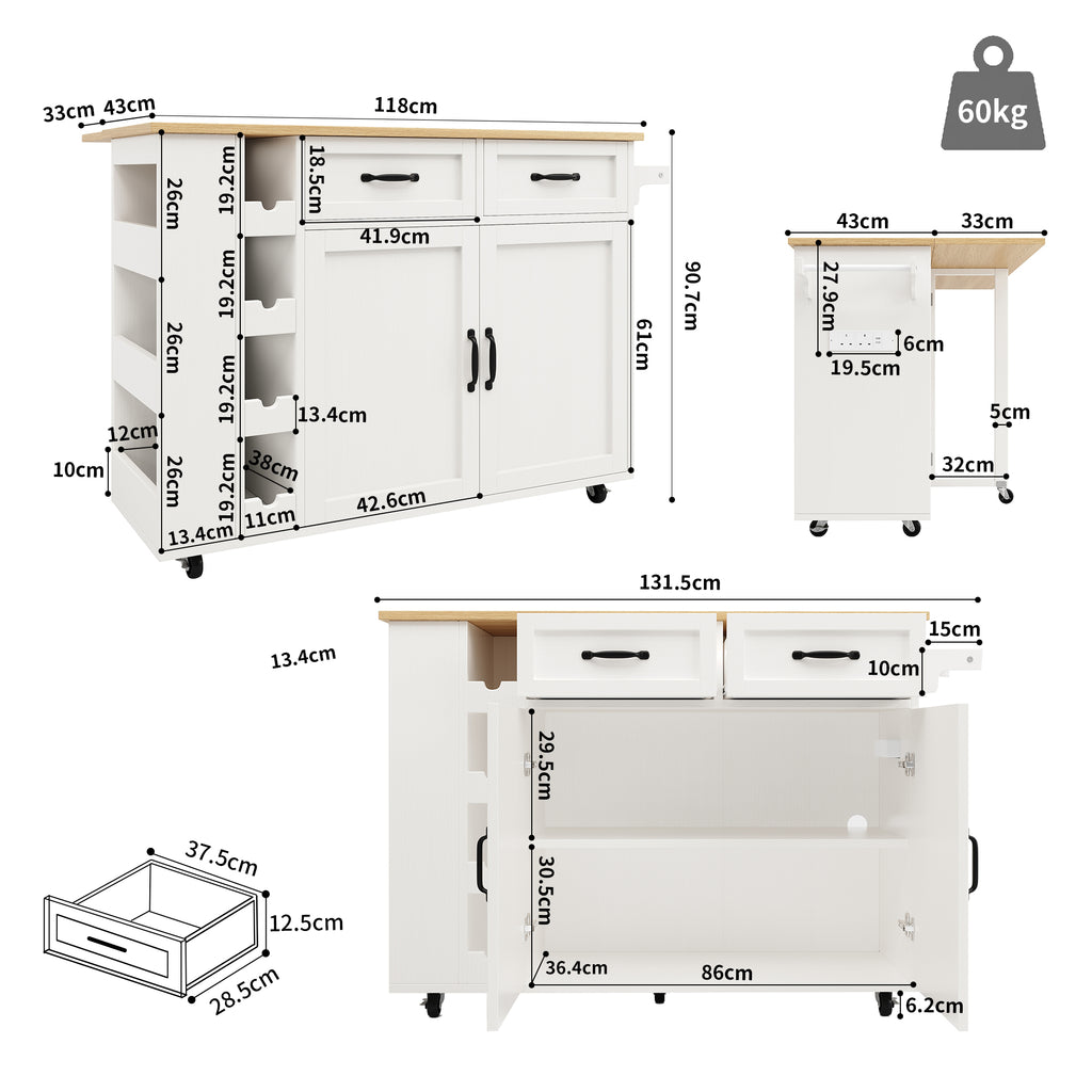 Kitchen island, kitchen trolley equipped with power socket, kitchen cabinet, removable serving trolley with wine rack, buffet cabinet, dining trolley with wood grain, buffet cabinet, white