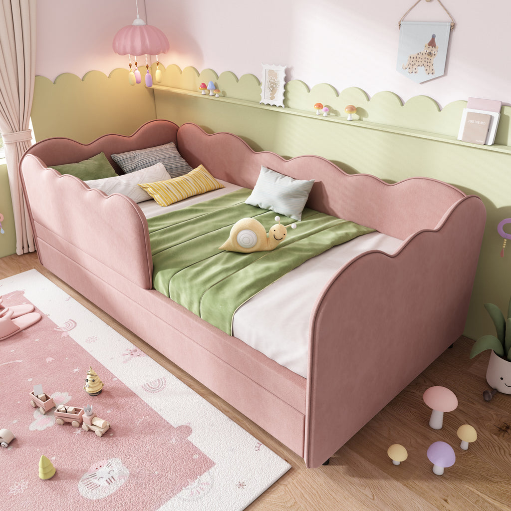 Upholstered Bed Daybed 90 x 190 cm, 3FT Single Bed with Pull out Trundle, Sofa Bed For Adults and Children, Single Daybed With Slatted Frame, Velvet, Pink (No Mattress)