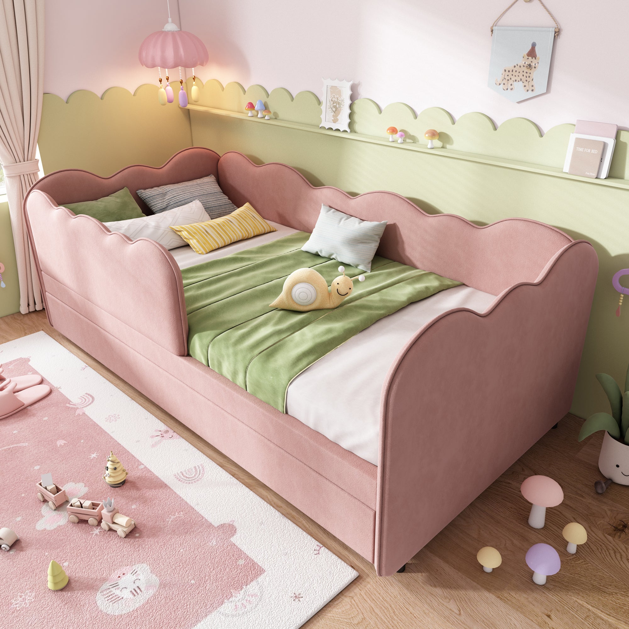 Upholstered Bed Daybed 90 x 190 cm, 3FT Single Bed with Pull out Trundle, Sofa Bed For Adults and Children, Single Daybed With Slatted Frame, Velvet, Pink (No Mattress)