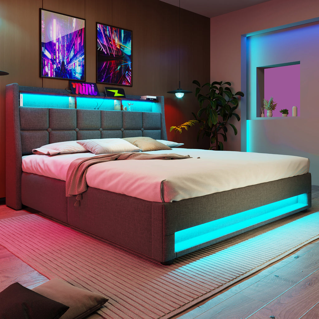 Upholstered Double Bed 135 x 190 cm with LED Lighting, USB Type-C Charging Function, Storage Headboard, 4FT6 Double Bed Storage Bed Frame with Metal Slatted Frame, Linen, Grey (No Mattress)