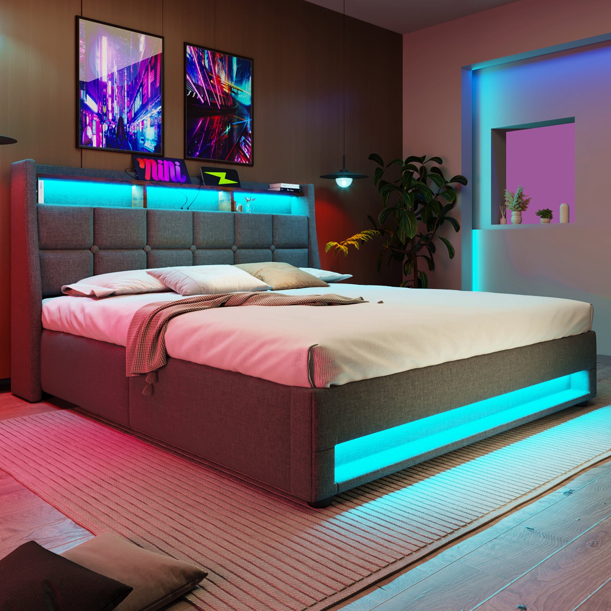 Upholstered Double Bed 135 x 190 cm with LED Lighting, USB Type-C Charging Function, Storage Headboard, 4FT6 Double Bed Storage Bed Frame with Metal Slatted Frame, Linen, Grey (No Mattress)
