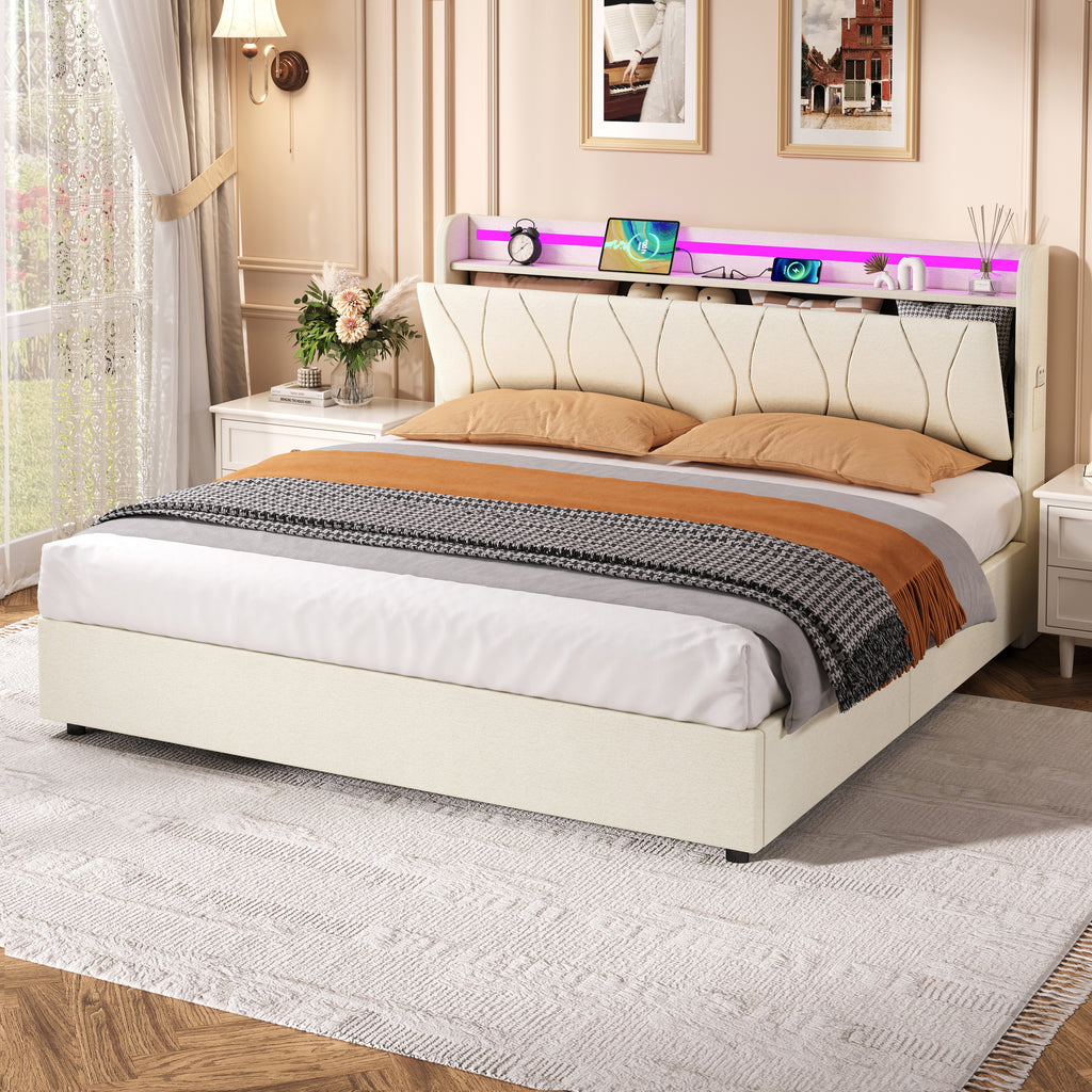 5ft King Upholstered Bed Frame with Hydraulic Storage, LED Headboard with Charging Station and Concealed Headboard Storage, USB and Type - C Ports, Linen, No Box Spring Needed, Beige (No Mattress)