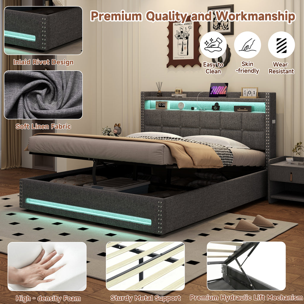 5ft King Upholstered Bed with Hydraulic Storage, LED Rivet  Storage Bed with Charging Station, Button Tufted Headboard with USB and Type - C Ports, No Box Spring Needed, Linen,  Grey (No Mattress)
