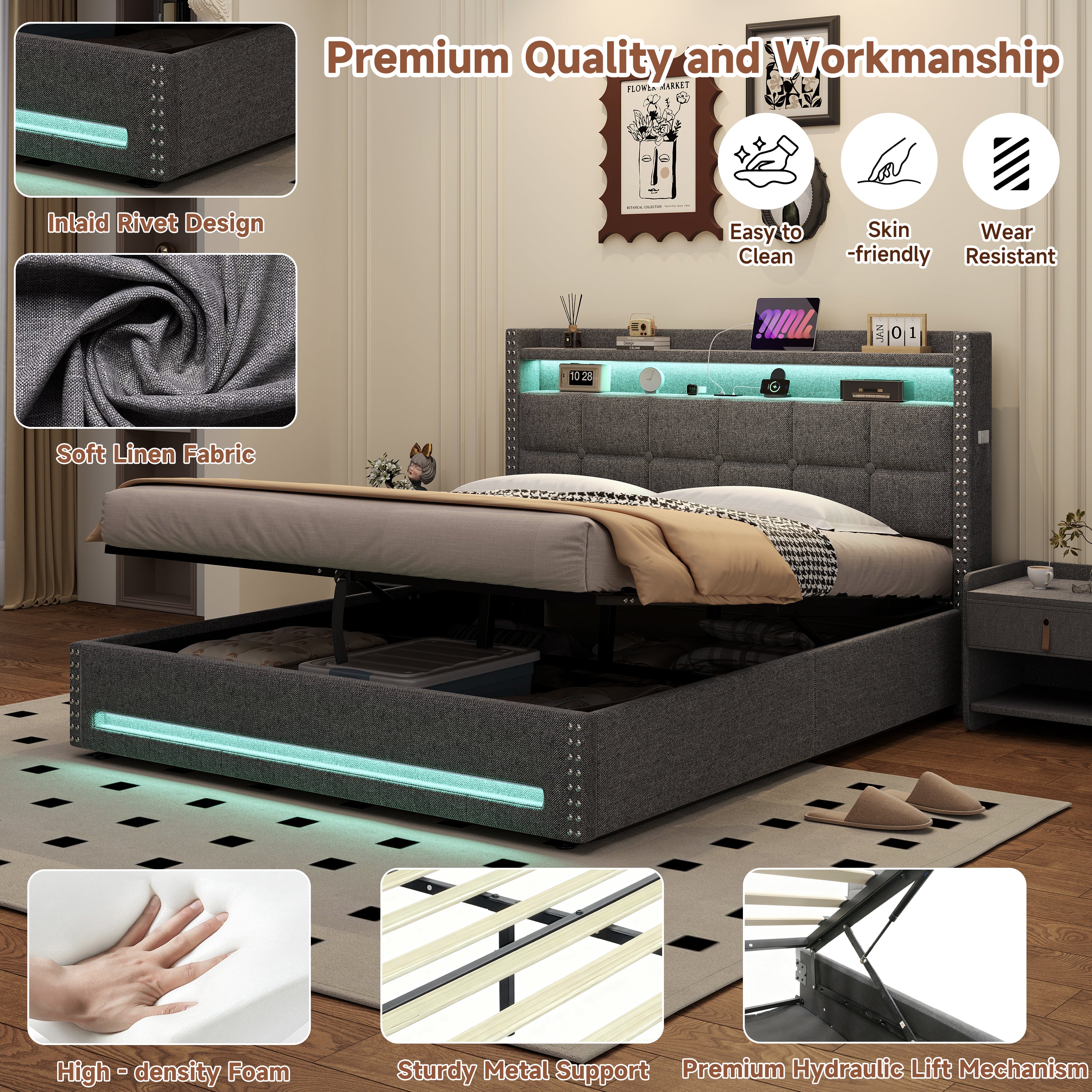 5ft King Upholstered Bed with Hydraulic Storage, LED Rivet  Storage Bed with Charging Station, Button Tufted Headboard with USB and Type - C Ports, No Box Spring Needed, Linen,  Grey (No Mattress)