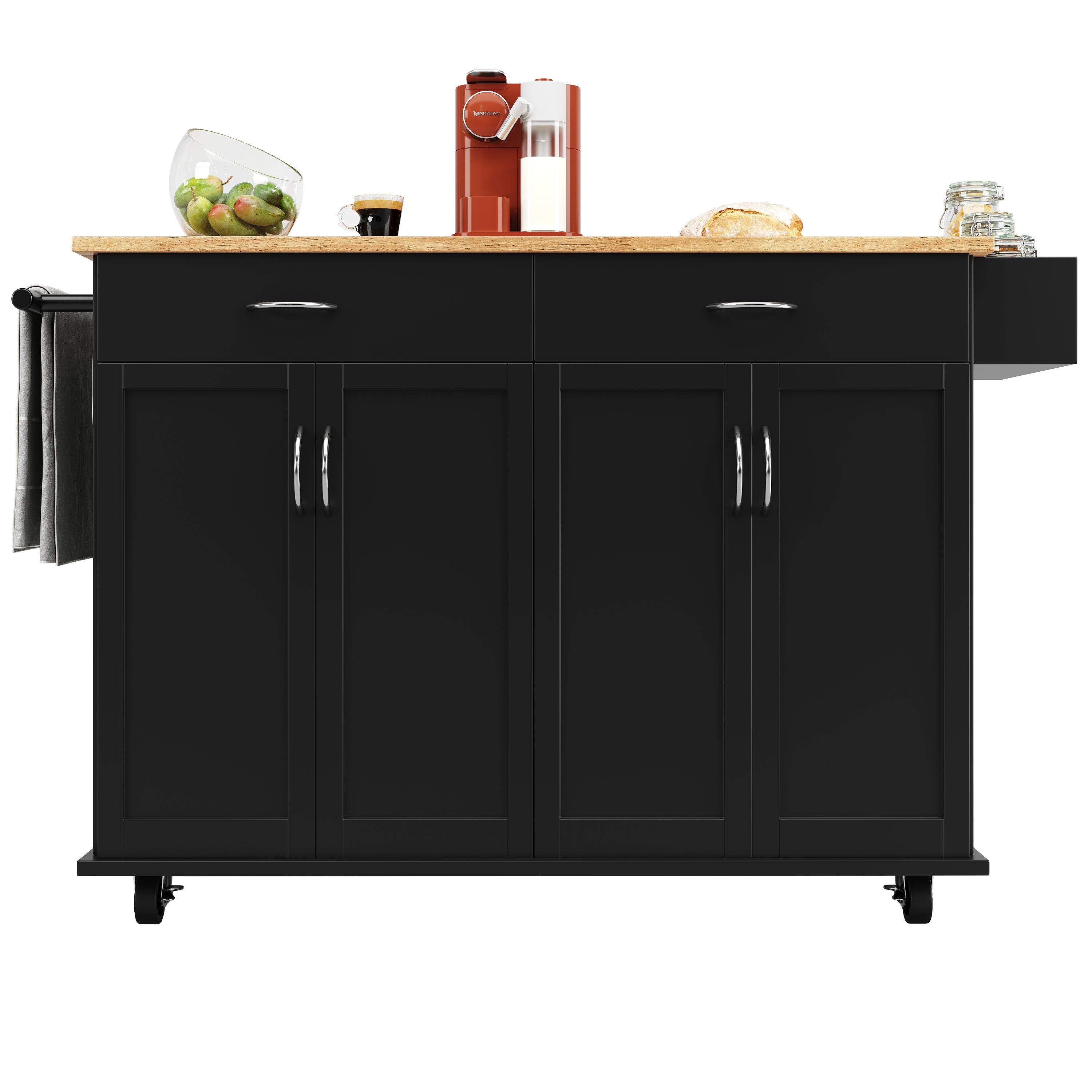 Rolling Kitchen Island Storage Trolley with Large Cabinet, 2 Drawers, Adjustable Shelf, Spice&Towel Rack, Sideboard Cupboard Cabinet Cart, Dining Room Organiser, Black