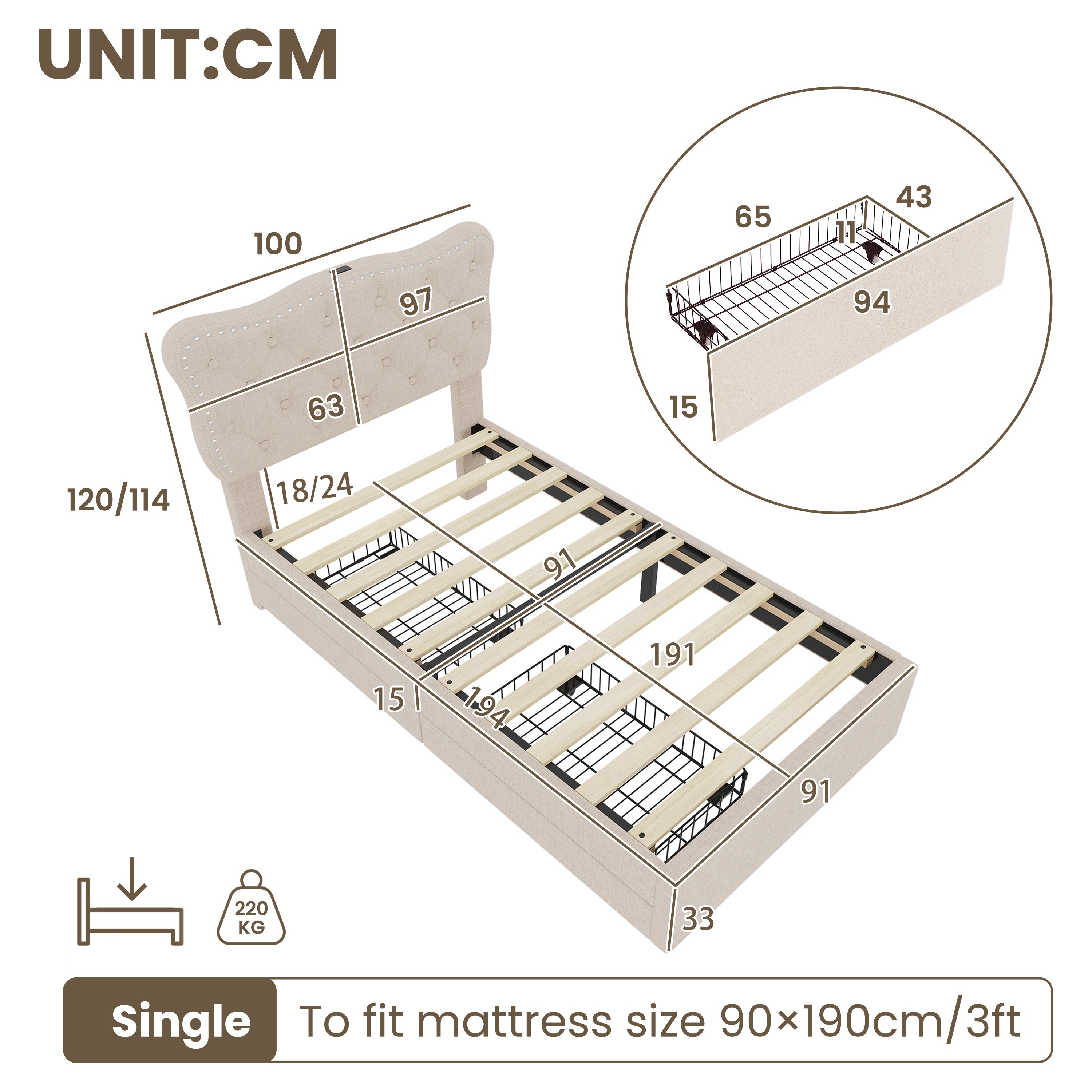 3ft Single Upholstered Bed with Rivet Design and Charging Station, Two Storage Drawers, Adjustable Button Tufted Headboard with USB & Type-C Ports, No Box Spring Needed, Linen, Beige  (No Mattress)