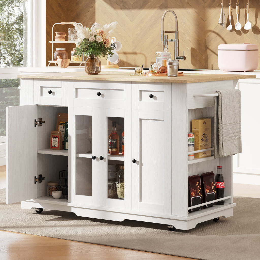 Kitchen island, (151.5x60x91.7cm)removable partitions, kitchen cabinet, dining trolley with worktop, sideboard, dining trolley with wood grain finish, sideboard, tempered glass cabinet, white/black