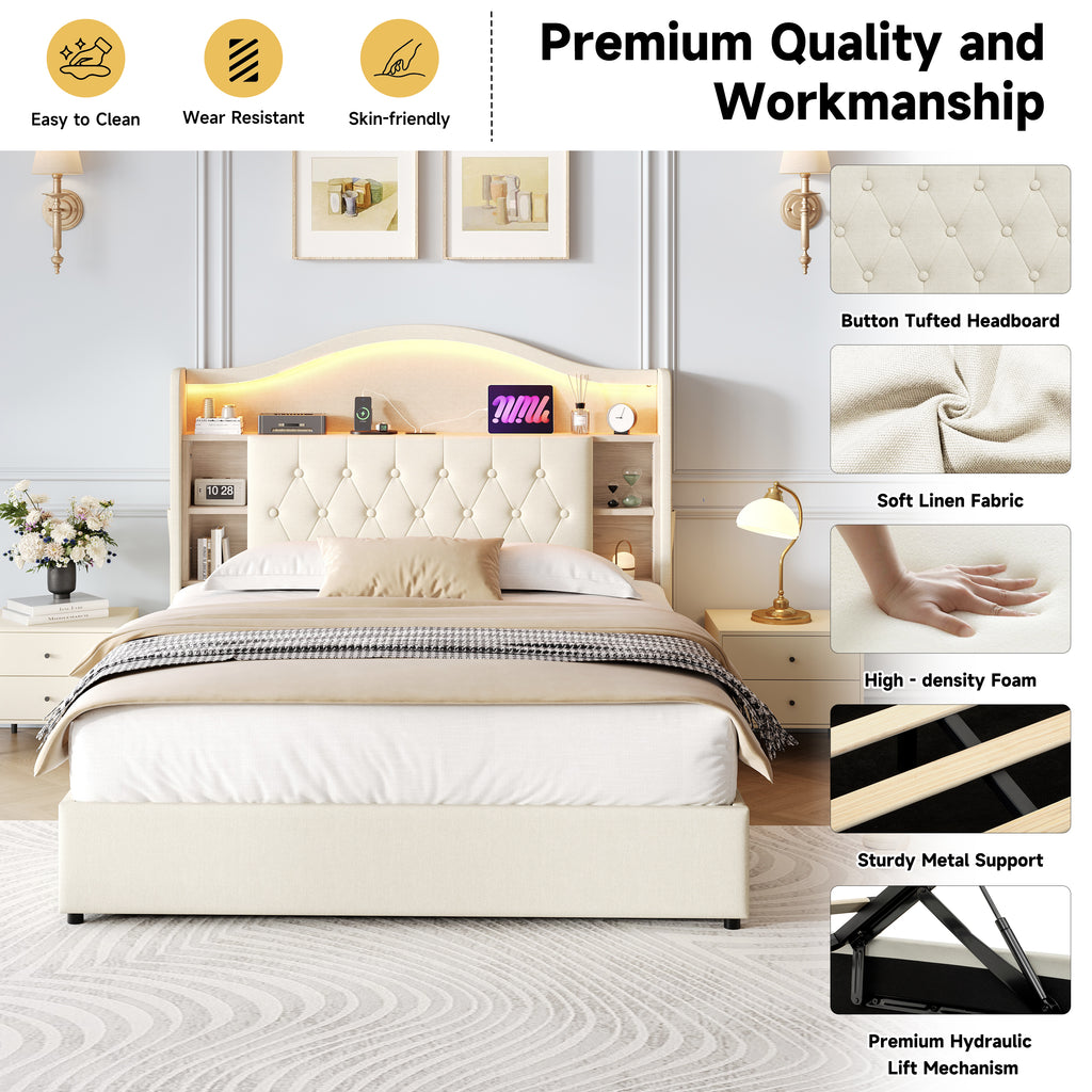 4ft6 Double Upholstered Bed Frame with Hydraulic Storage, LED Curved Button Tufted Headboard with Charging Station and Concealed Headboard Storage, USB and Type - C Ports, Linen, Beige (No Mattress)
